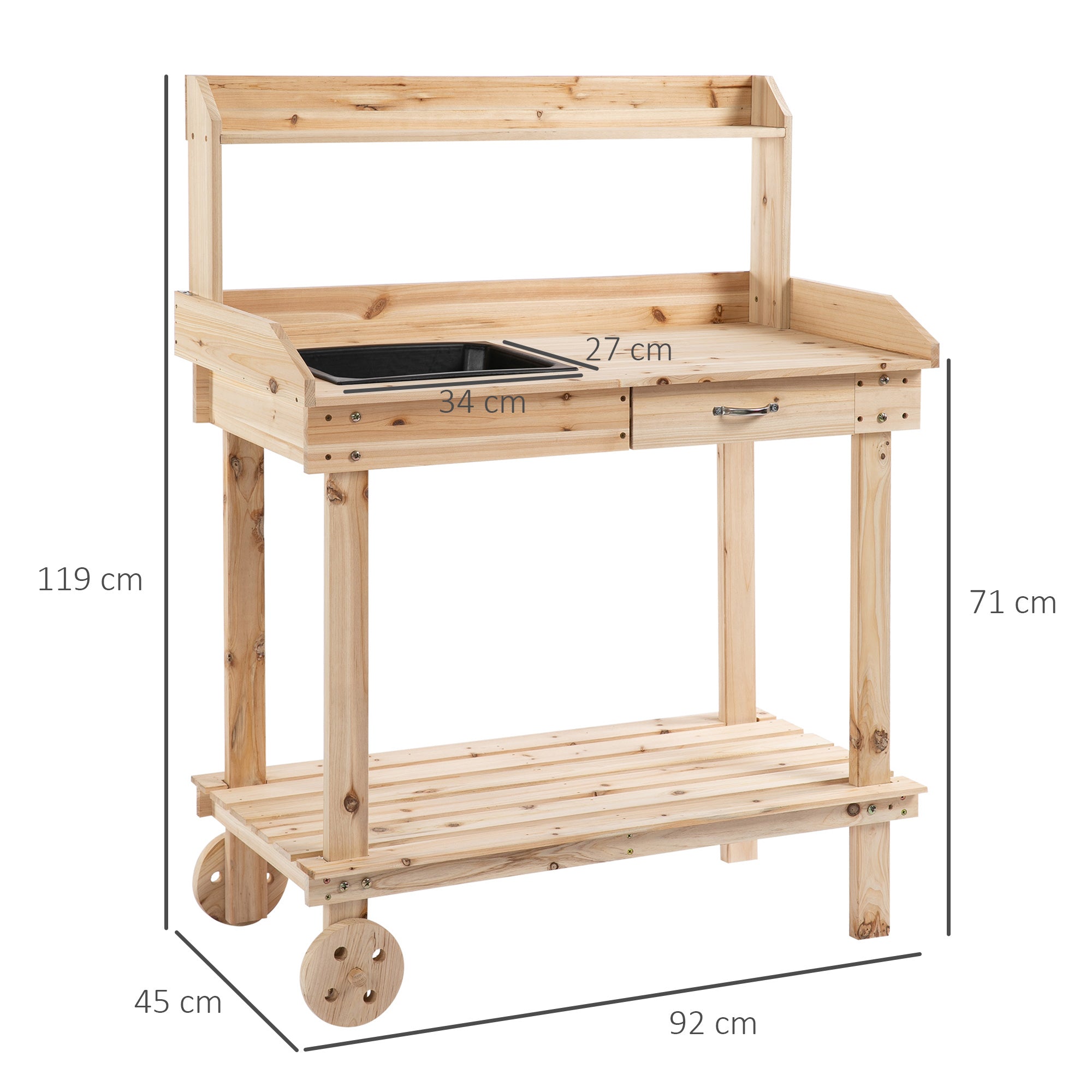 Garden Potting Bench Table, Wooden Work Station, Outdoor Planting Workbench with 2 Wheels, Sink, Drawer & Large Storage Spaces, 92x45x119cm