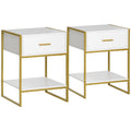 Set of 2 Modern Bedside Tables with Drawer and Shelf - White and Gold
