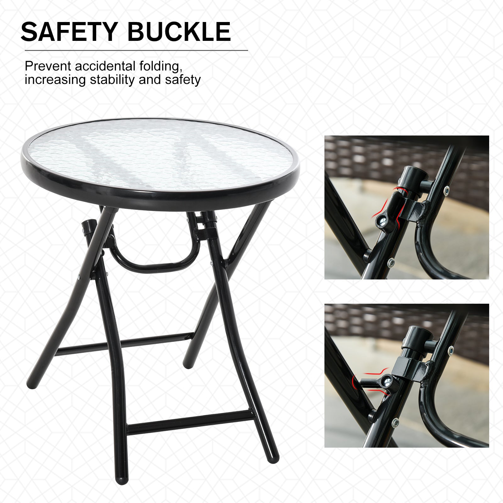 Foldable Garden Table, Round Folding Table with Glass Tabletop and Safety Buckle for Patio, Garden, Outdoor, Indoor, Black