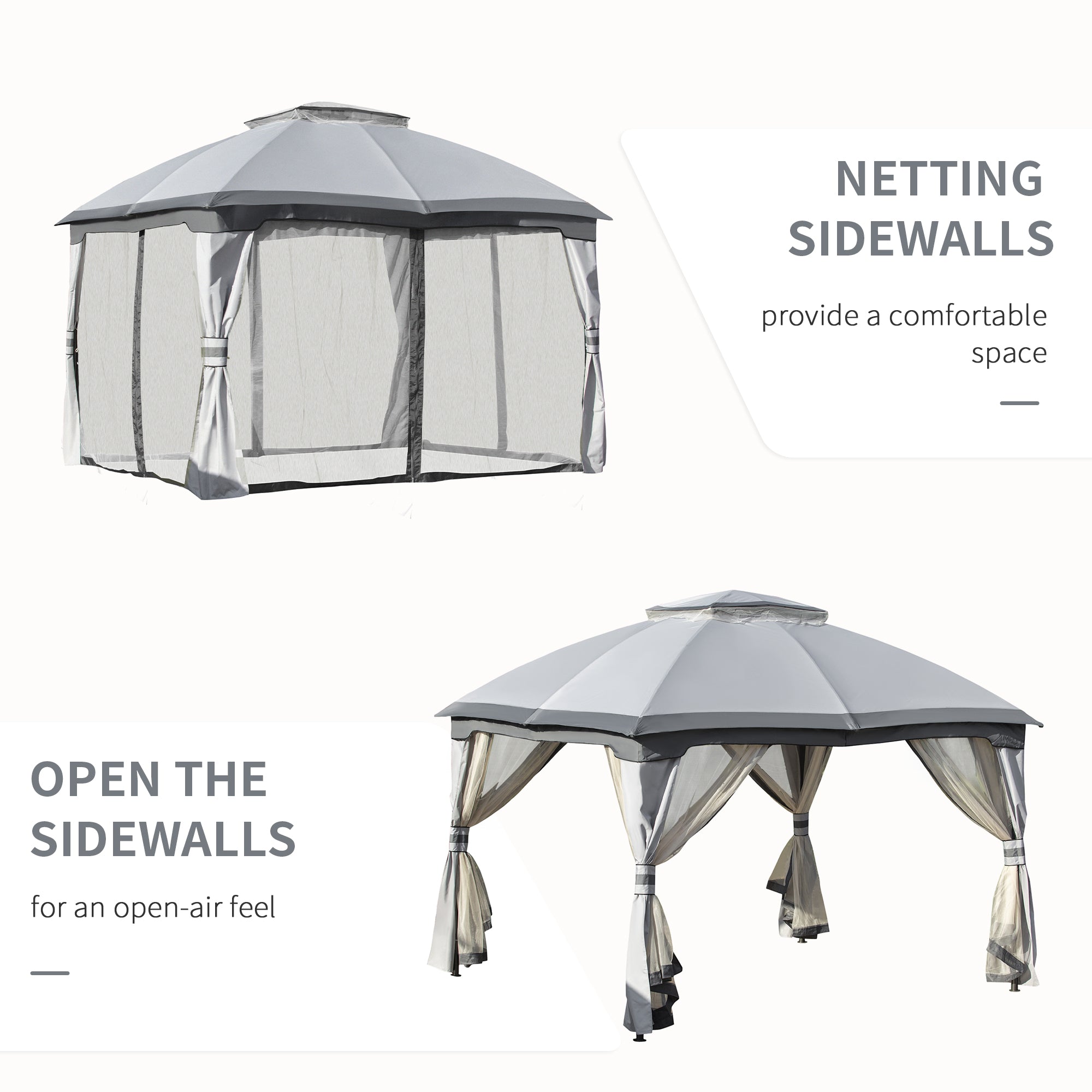 3.7 x 3(m) Metal Gazebo Canopy Party Tent Garden Patio Shelter with Netting Sidewalls & Double Tiered Roof, Grey