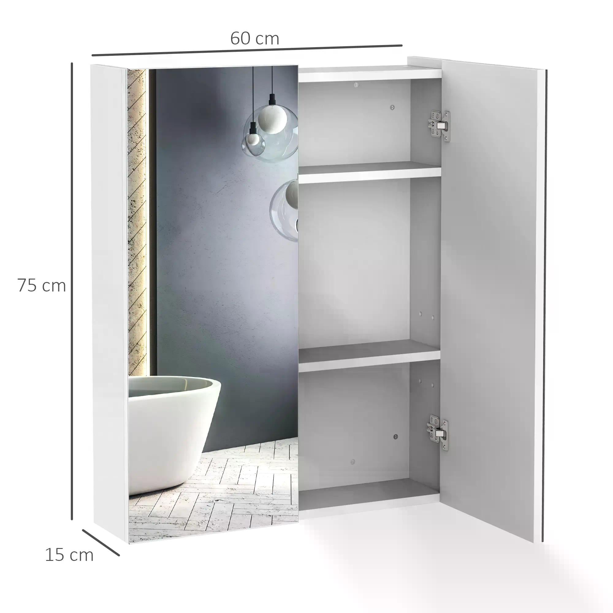 Bathroom Mirror Cabinet Wood Storage Shelf Wall Mount Double Door Cupboard Adjustable 60Wx15Dx75H - White