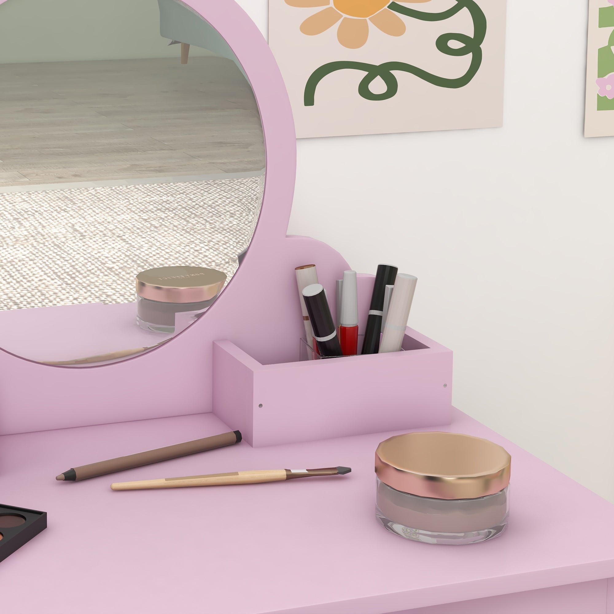 Kids Vanity Table with Mirror and Stool, Cat Design, Drawer, Storage Boxes, for 3-6 Years Old - Pink