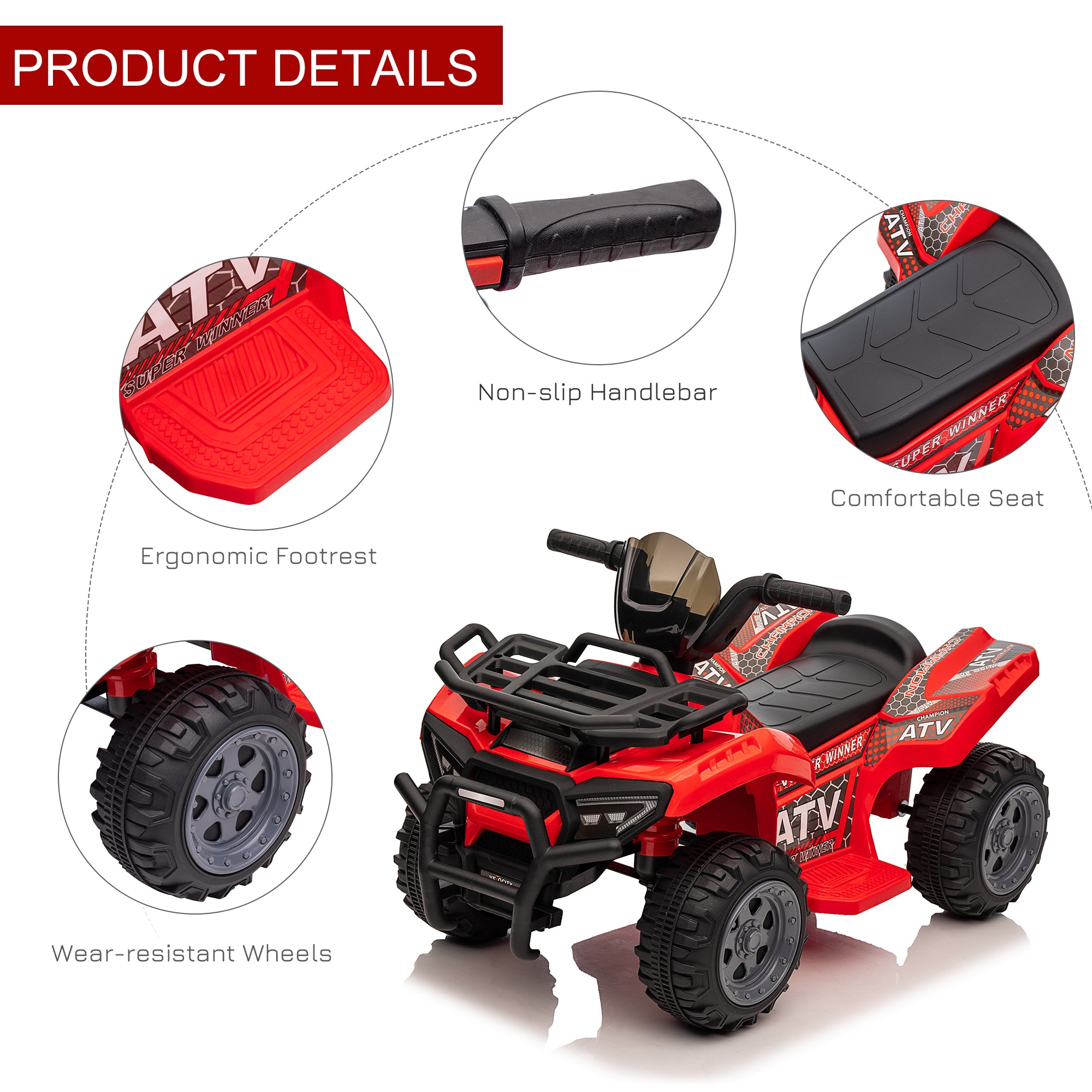 Kids Ride-on Four Wheeler ATV Car with Real Working Headlights, 6V Battery Powered Motorcycle for 18-36 Months, Red