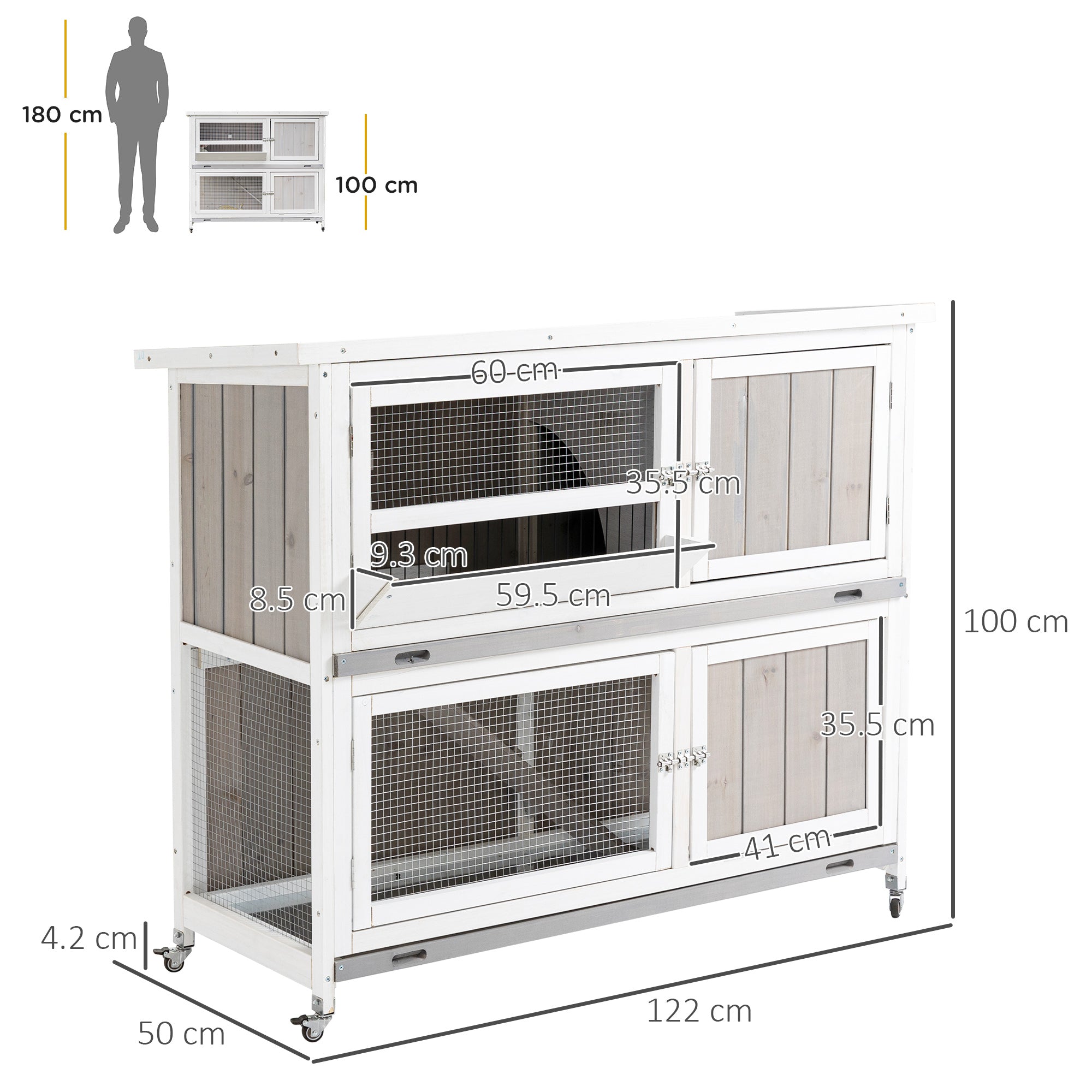 Wooden Rabbit Hutch Two-Tier Guinea Pig Cage Elevated Multi-Door Pet House Bunny Cage w/ Rain Cover, Wheels, Slide-Out Tray, Grey