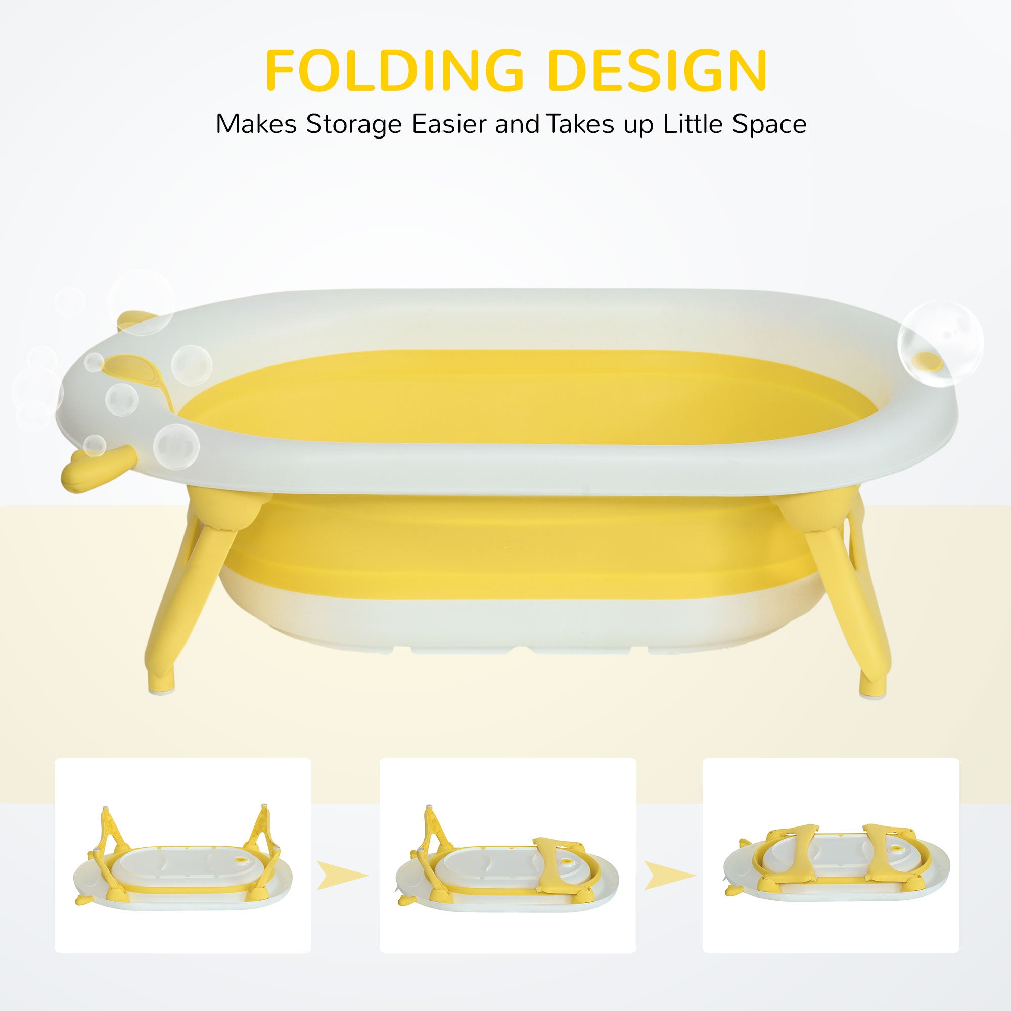 Collapsible Baby Bath Tub Foldable Ergonomic w/ Cushion Temperature Sensitive Water Plug Non-Slip Support Leg Portable for 0-3 Years, Yellow