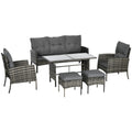 5 Seater Rattan Garden Furniture Set with 2 Armchairs, 3-Seater Sofa, 2 Footstools & Glass Table - Grey