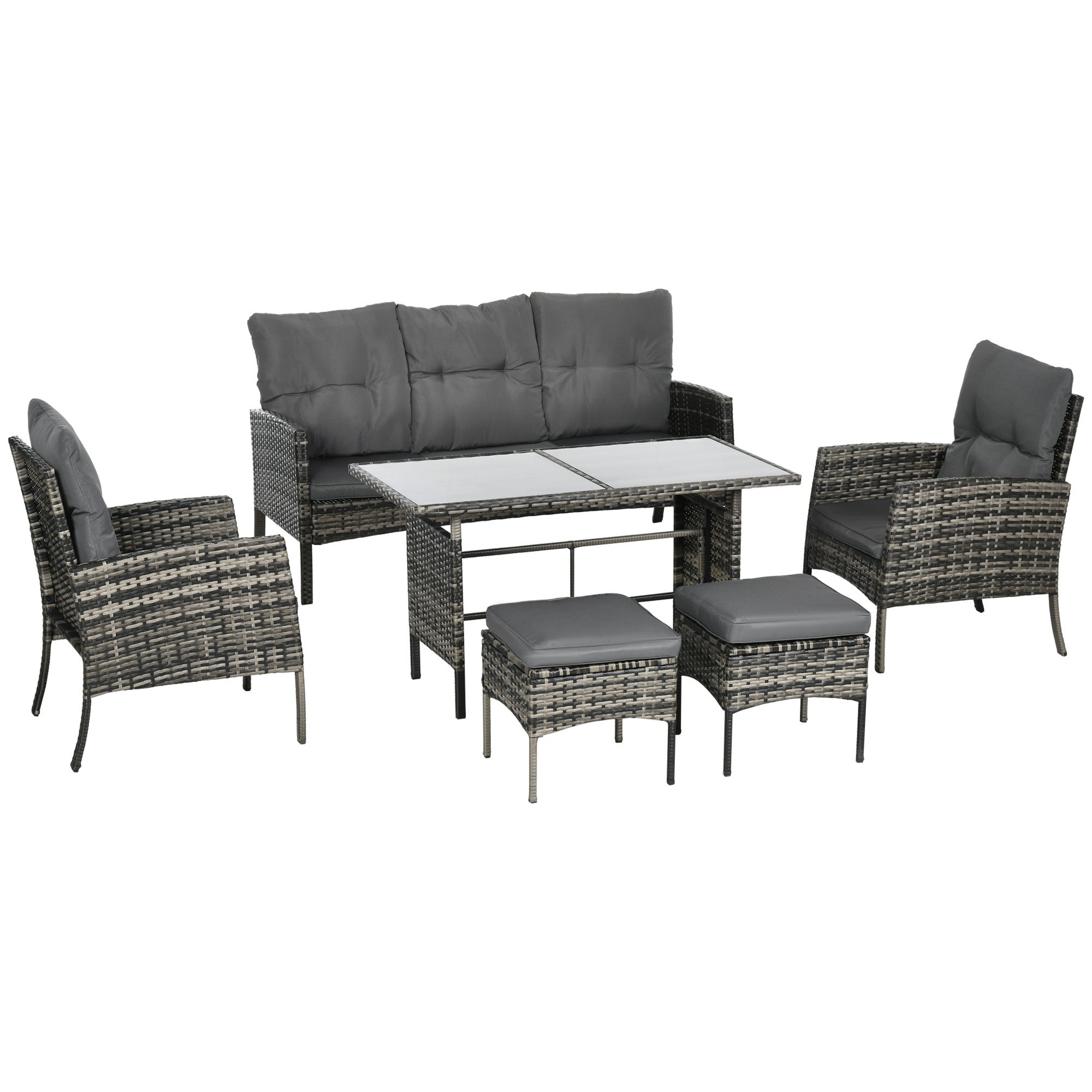 5 Seater Rattan Garden Furniture Set with 2 Armchairs, 3-Seater Sofa, 2 Footstools & Glass Table - Grey