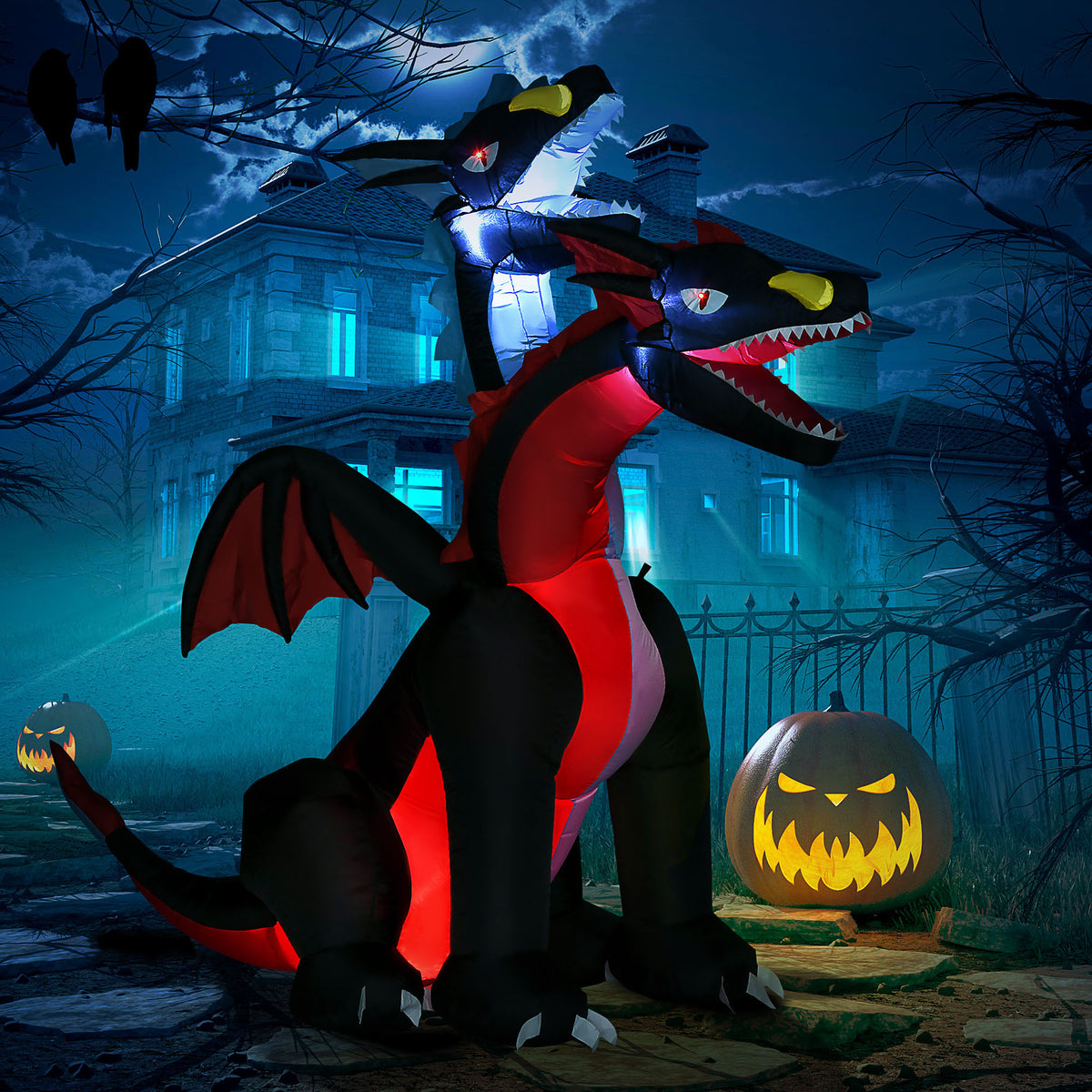 7FT Two-Headed Halloween Inflatable Dragon with LED Lights for Indoor Outdoor Yard - Multicolour