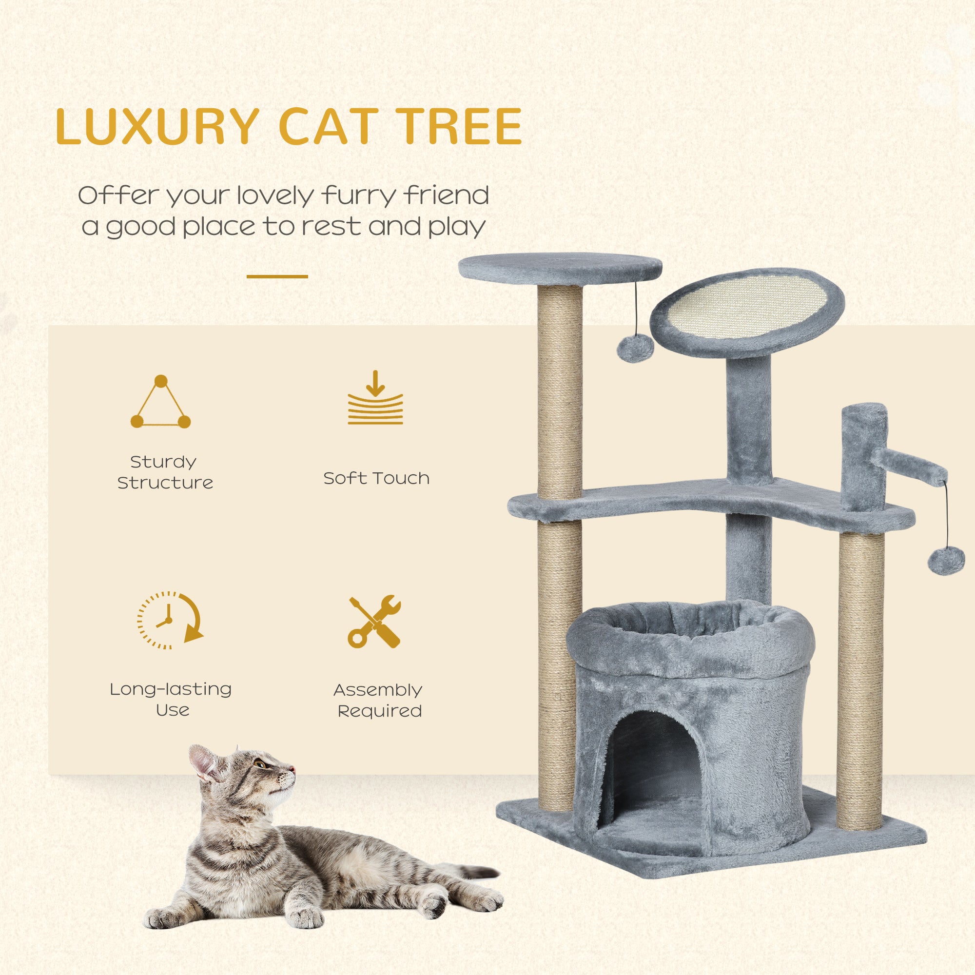 Cat Tree Tower Kitten Activity Center Scratching Post with Condo Bed Scratcher Perch Ball Toy Grey