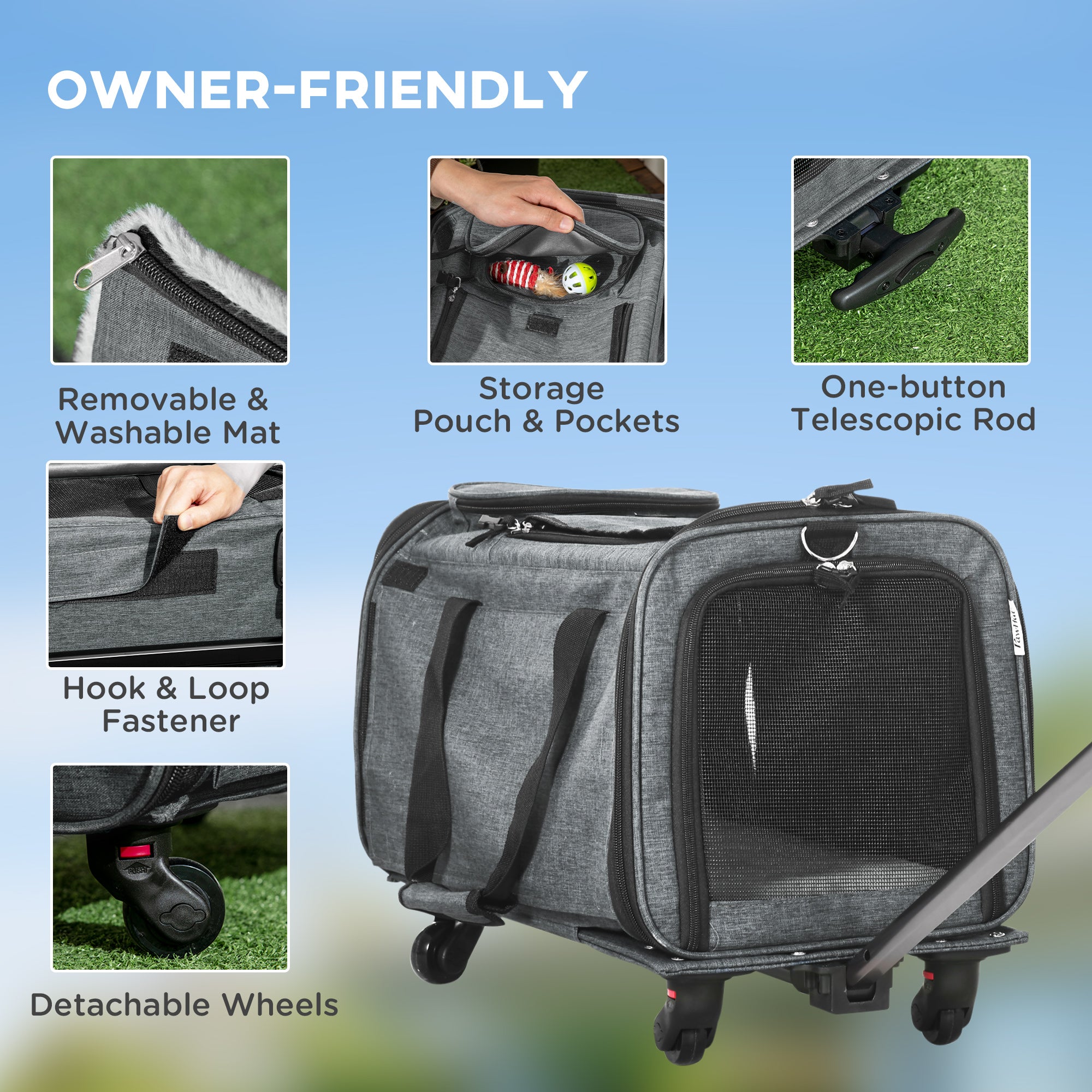 4 in 1 Pet Carrier Portable Cat Carrier Foldable Dog Bag On Wheels for Cats, Miniature Dogs w/ Telescopic Handle, Grey