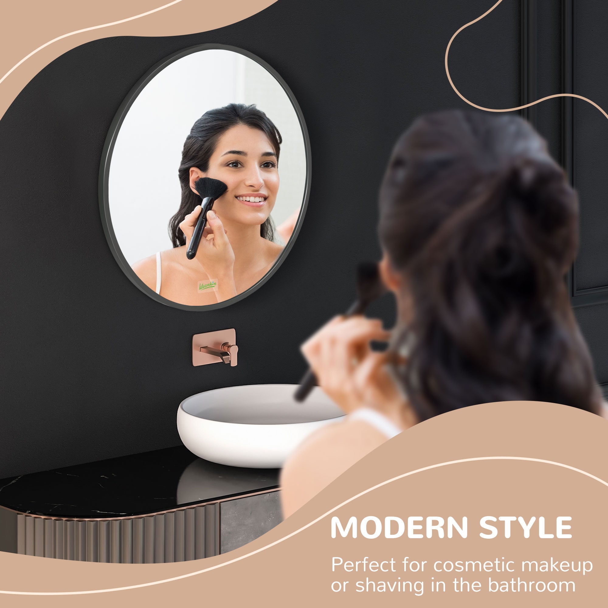 Round Bathroom Mirror, Modern Wall-mounted Makeup Mirror with Aluminium Frame for Washroom Living Room, Black, 50x50 cm