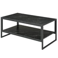 Two-Tier Laminate Marble Print Coffee Table with Metal Frame and Shelves - Black