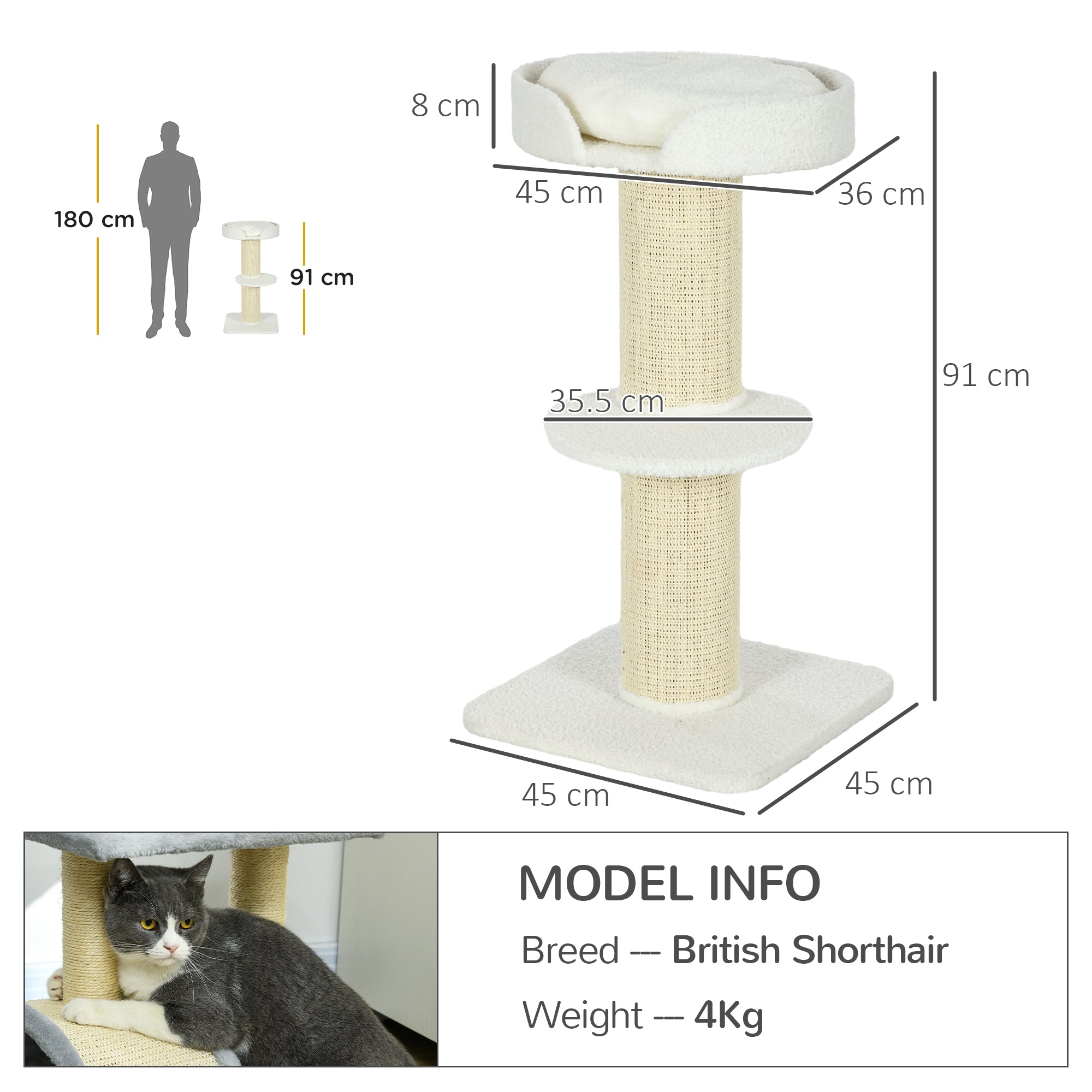 2 Tier Sisal Sherpa Cat Tree with Basket Cushion Sisal Post Cream White