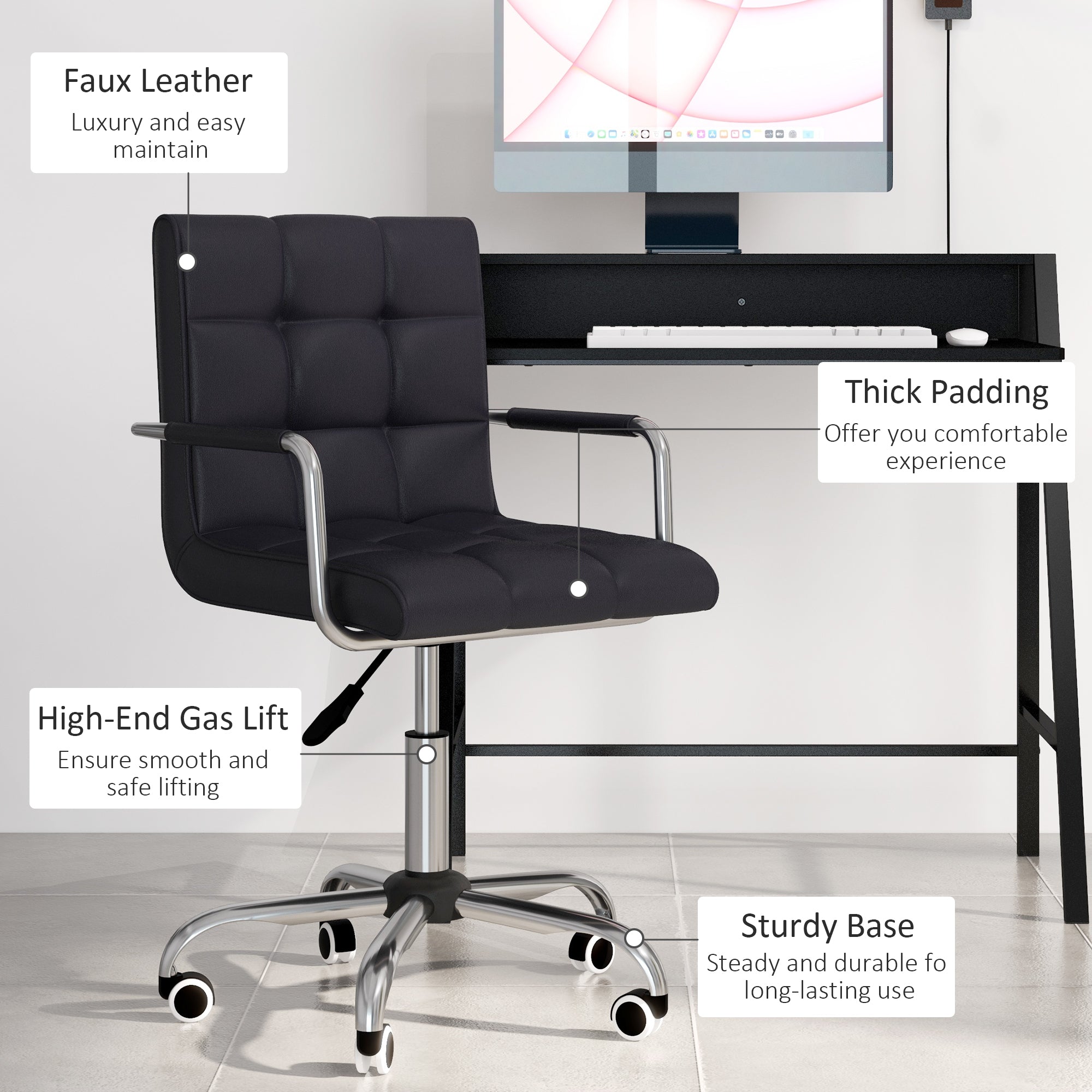 Home Office Chair and Computer Desk Set, Faux Leather Desk Chair with Swivel Wheels, Study Desk with Storage Shelf, Black