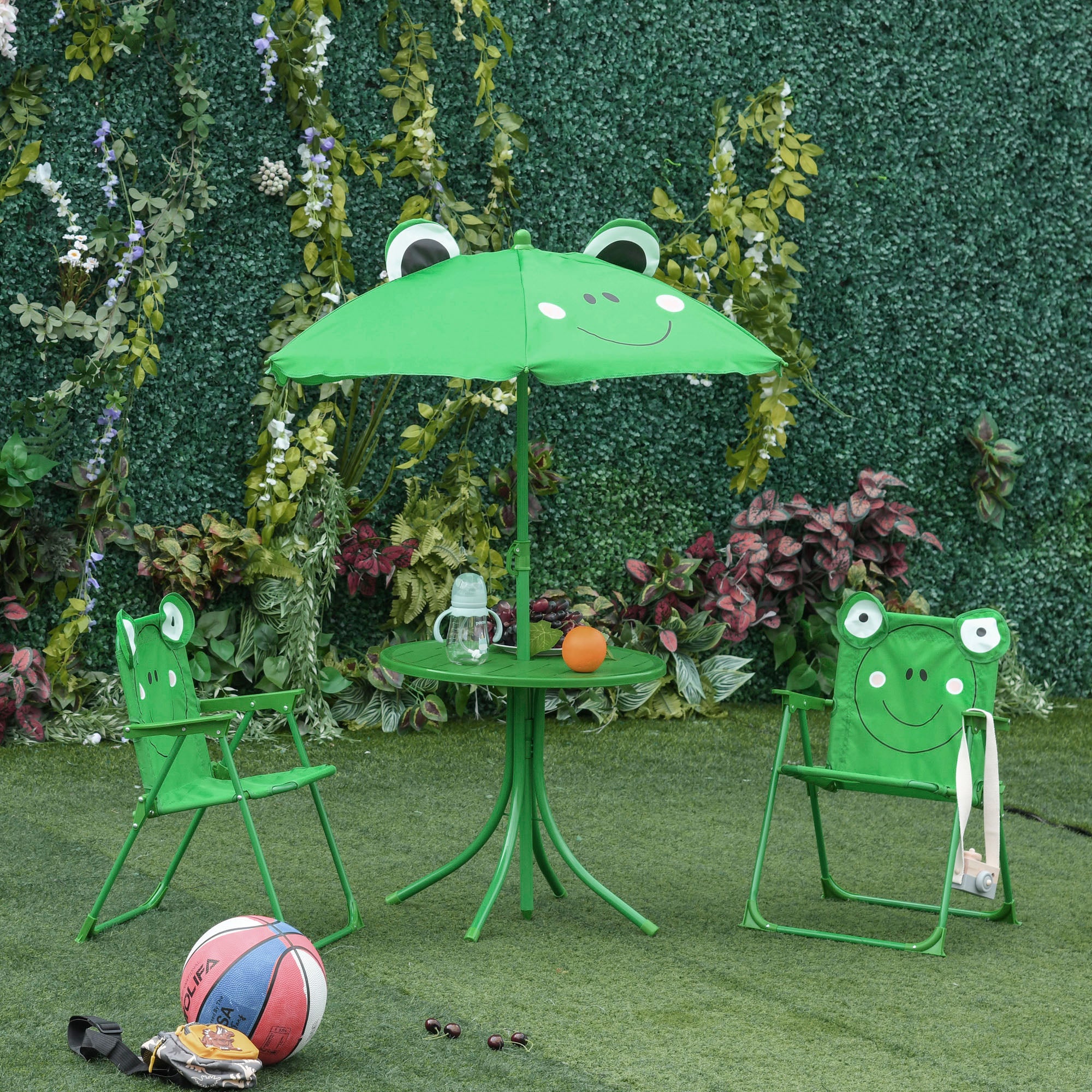 Kids Folding Picnic Table and Chair Set Frog Pattern with Removable & Height Adjustable Sun Umbrella, Green