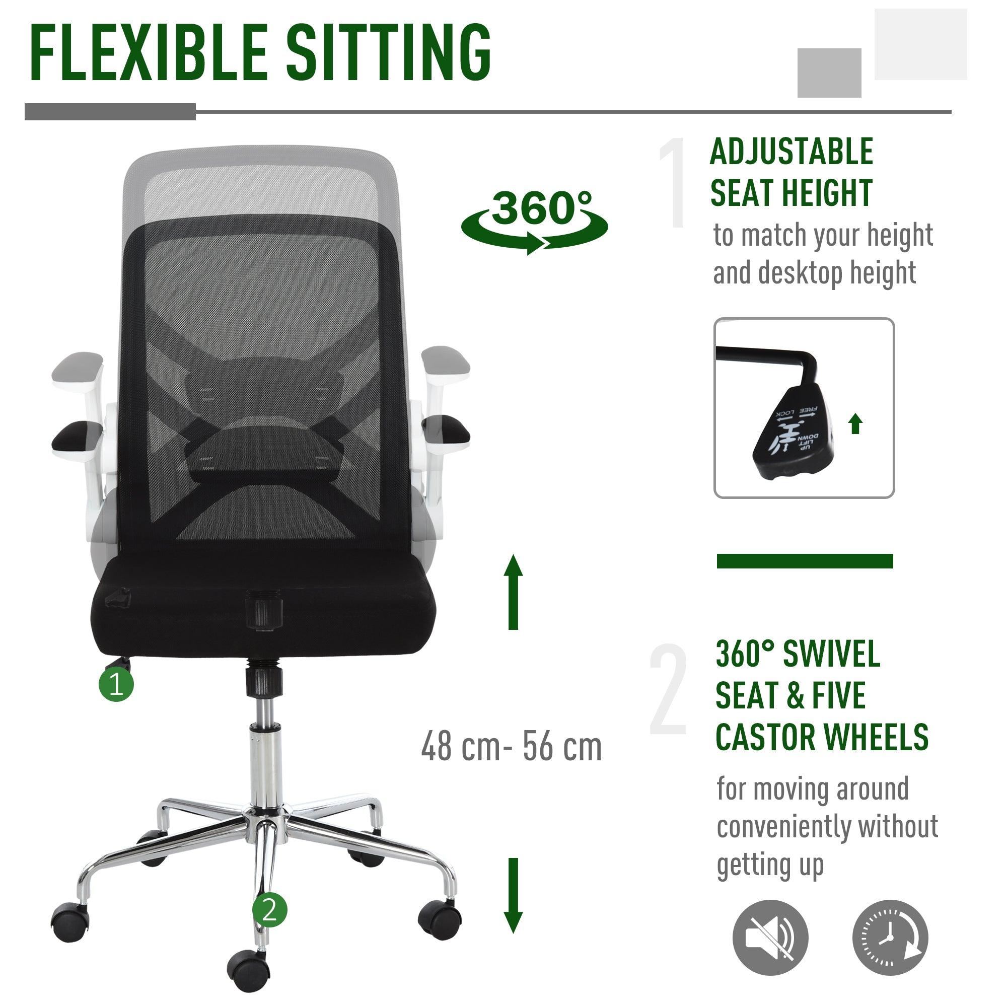 Mesh Office Chair with Flip-Up Arm, Lumbar Support, Home Task High Back Swivel Chair Adjustable Height, Black