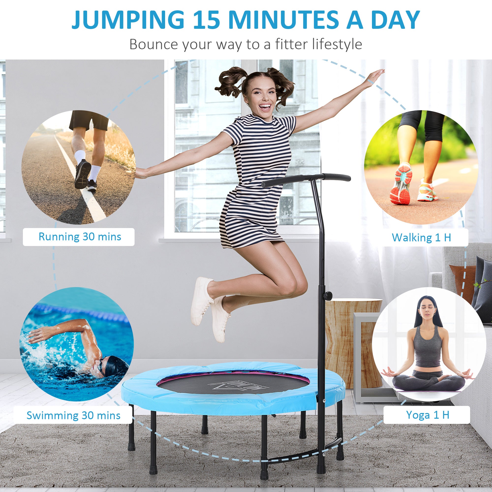 Trampoline Rebounder Adjustable Jumper, 40"-Blue