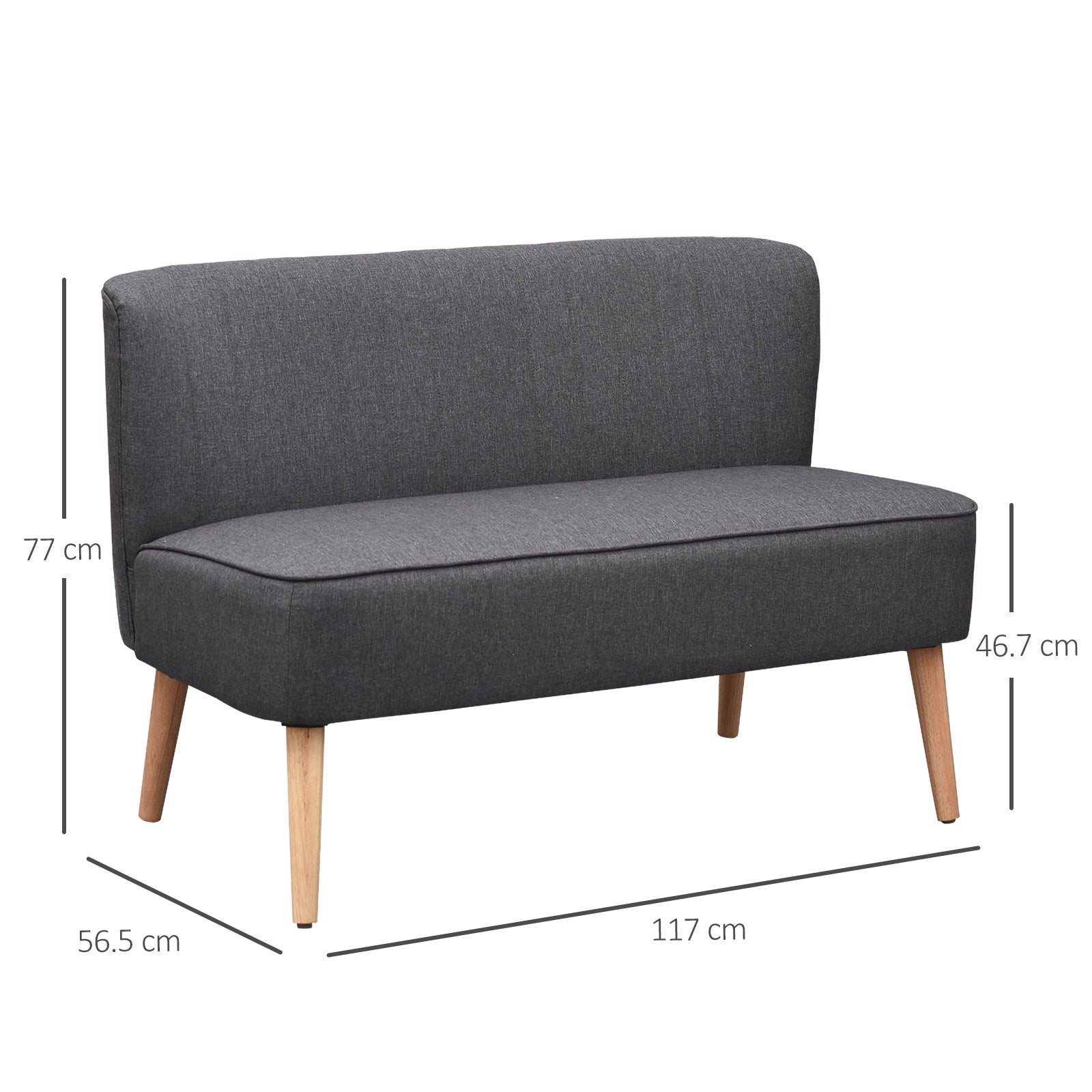 Modern Double Seat Sofa Loveseat Couch 2 Seater Compact Sofa Padded Linen Wood Leg Dark Grey