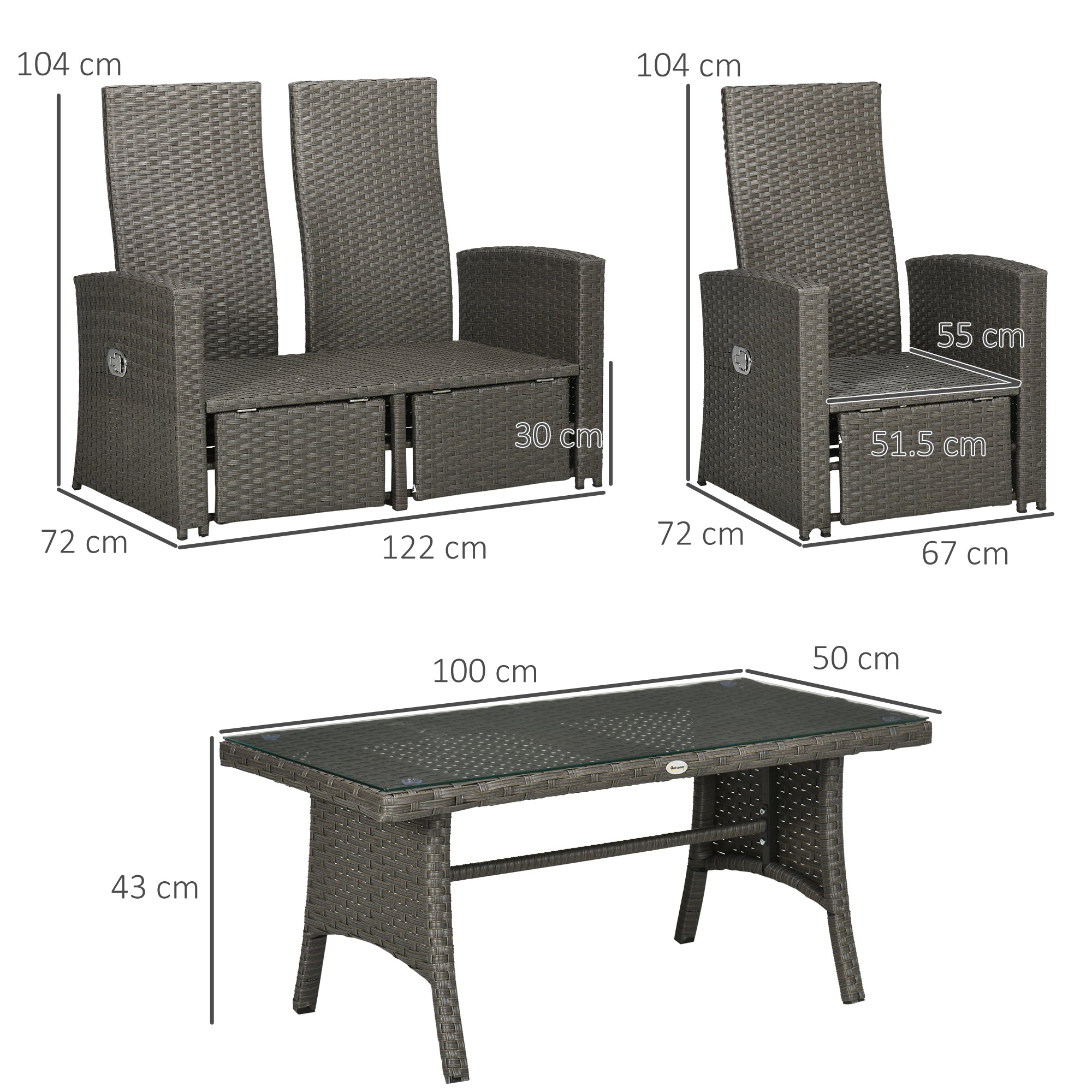 4 Piece 4 Seater Rattan Garden Furniture Set with Reclining Armchairs and Glass Table - Grey