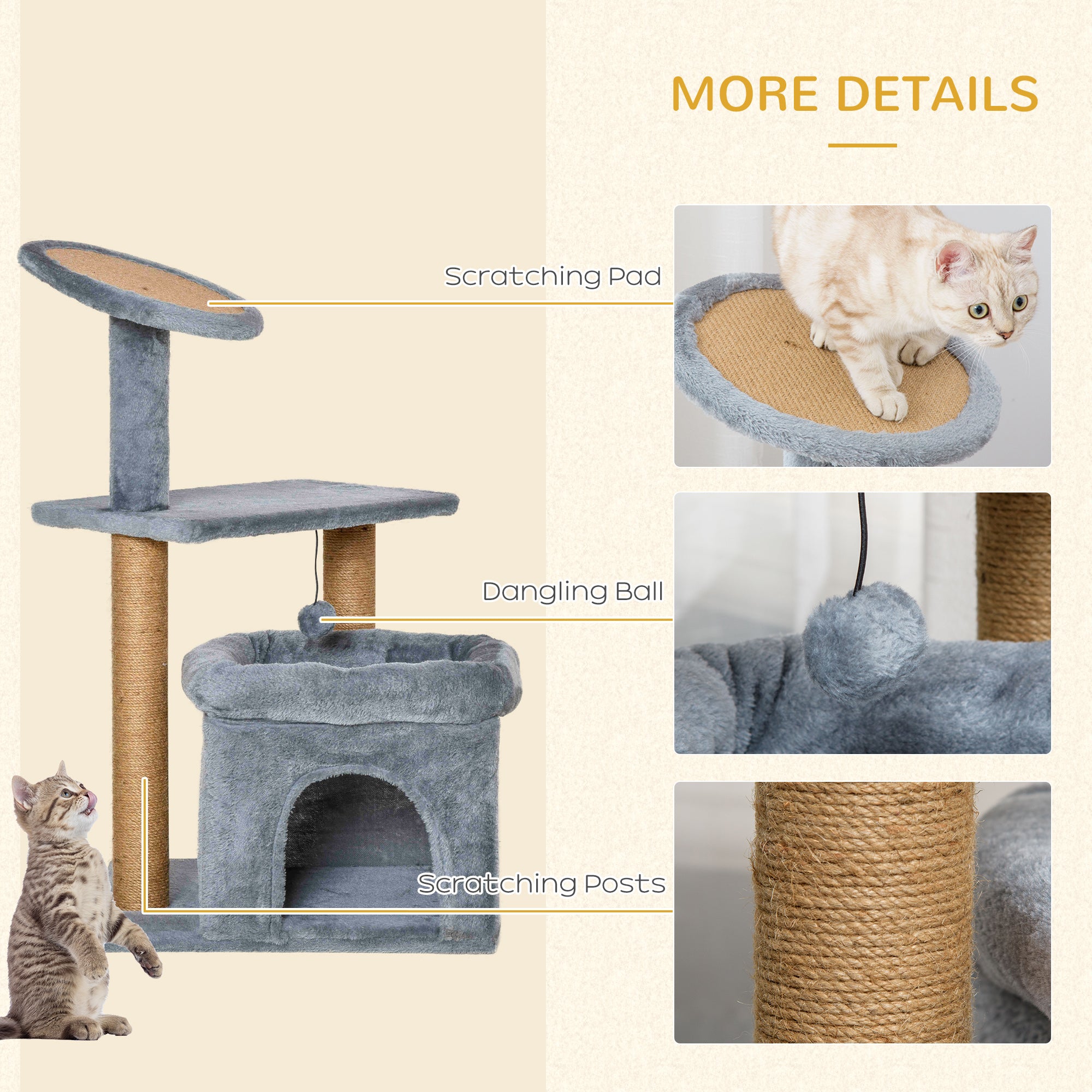 Cat Tree Tower Kitten Activity Center with Scratching Posts Pad Condo Perch Bed Interactive Ball Toy 48 x 48 x 84cm, Grey