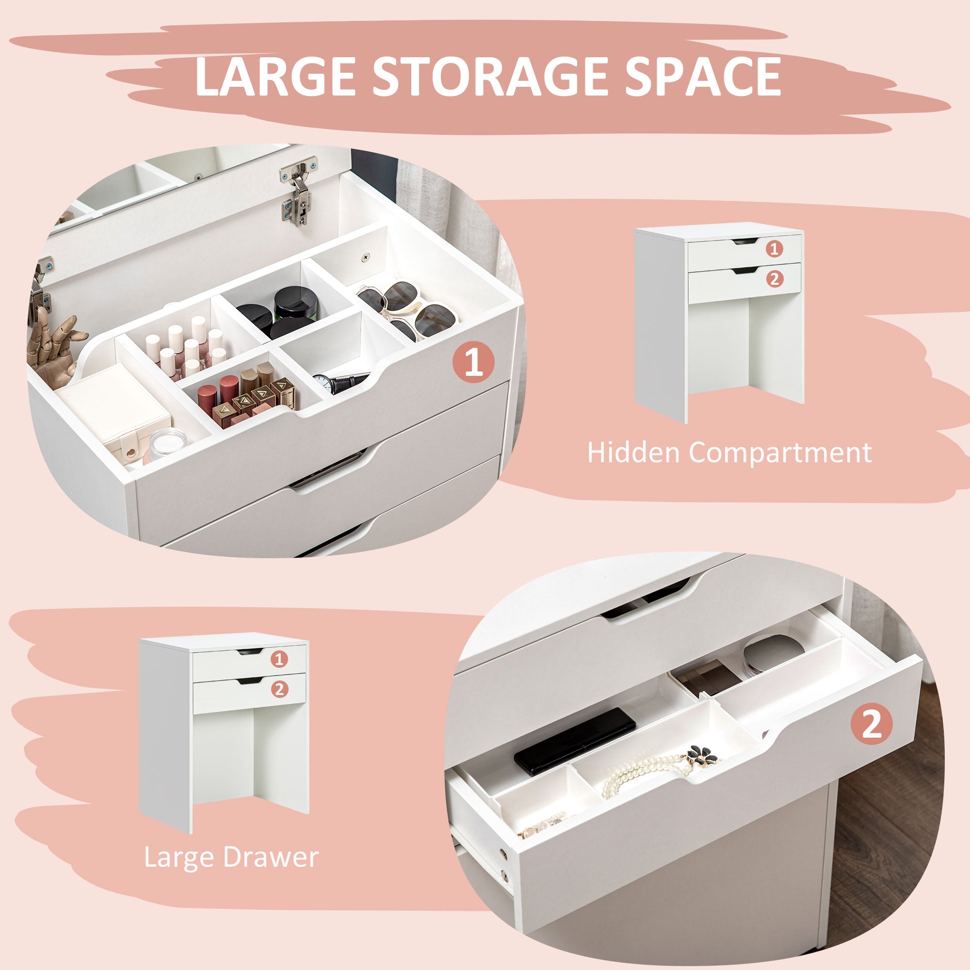 Dressing Table with Flip-up Mirror and Storage Stool, Vanity Table with Drawer and Hidden Compartments for Bedroom, Living Room, White