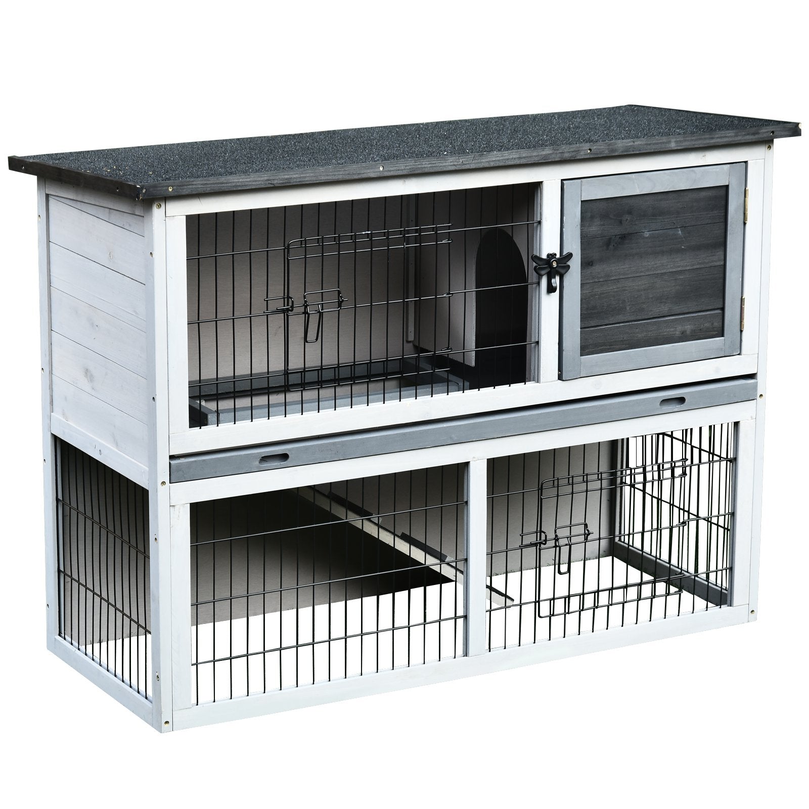 Small Animal Two-Level Fir Wood Hutch w/ Slide Out Tray Grey