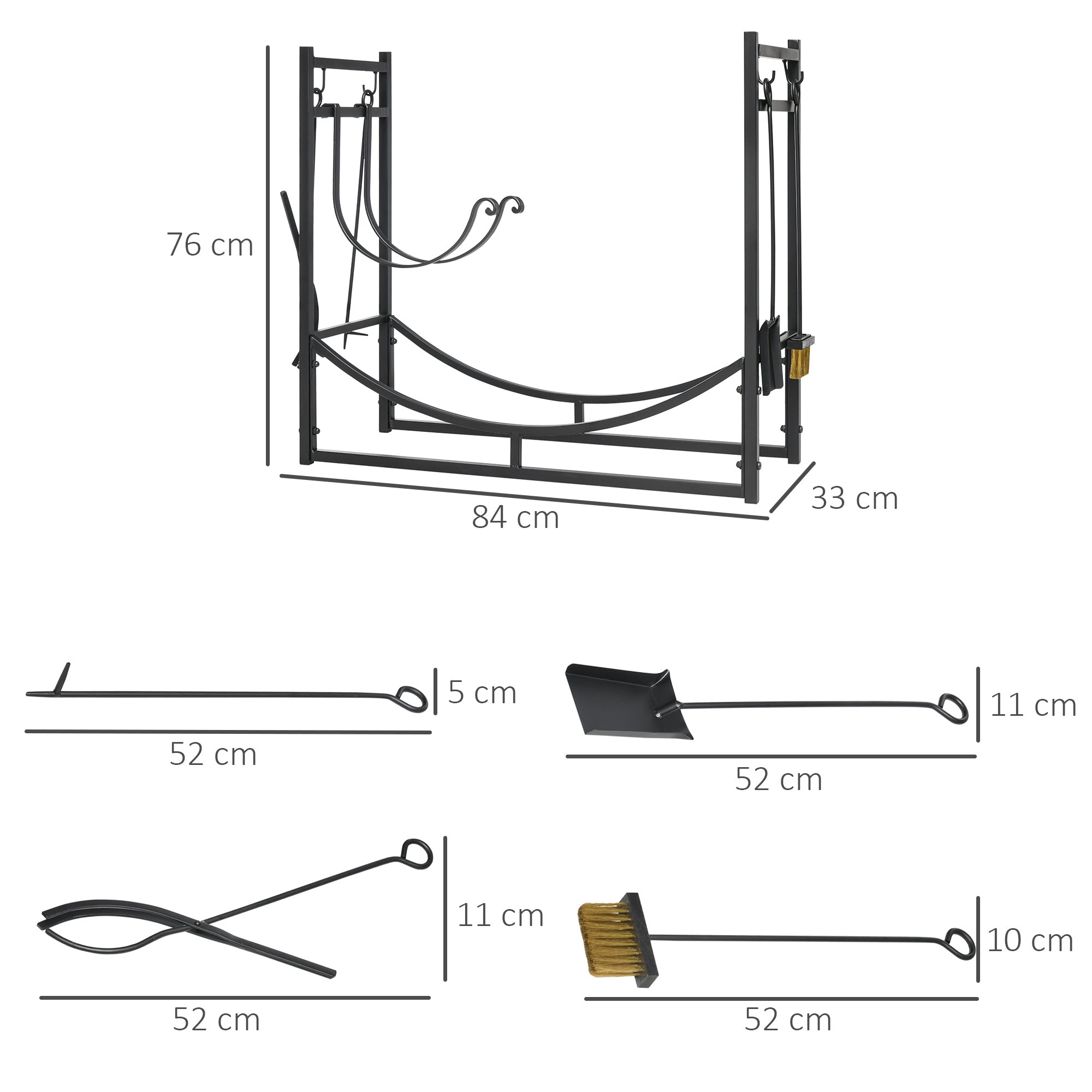 Firewood Stand Log Rack Holder 84cm with 4-PC Fireplace Tools Set, Indoor Outdoor, Metal, Black