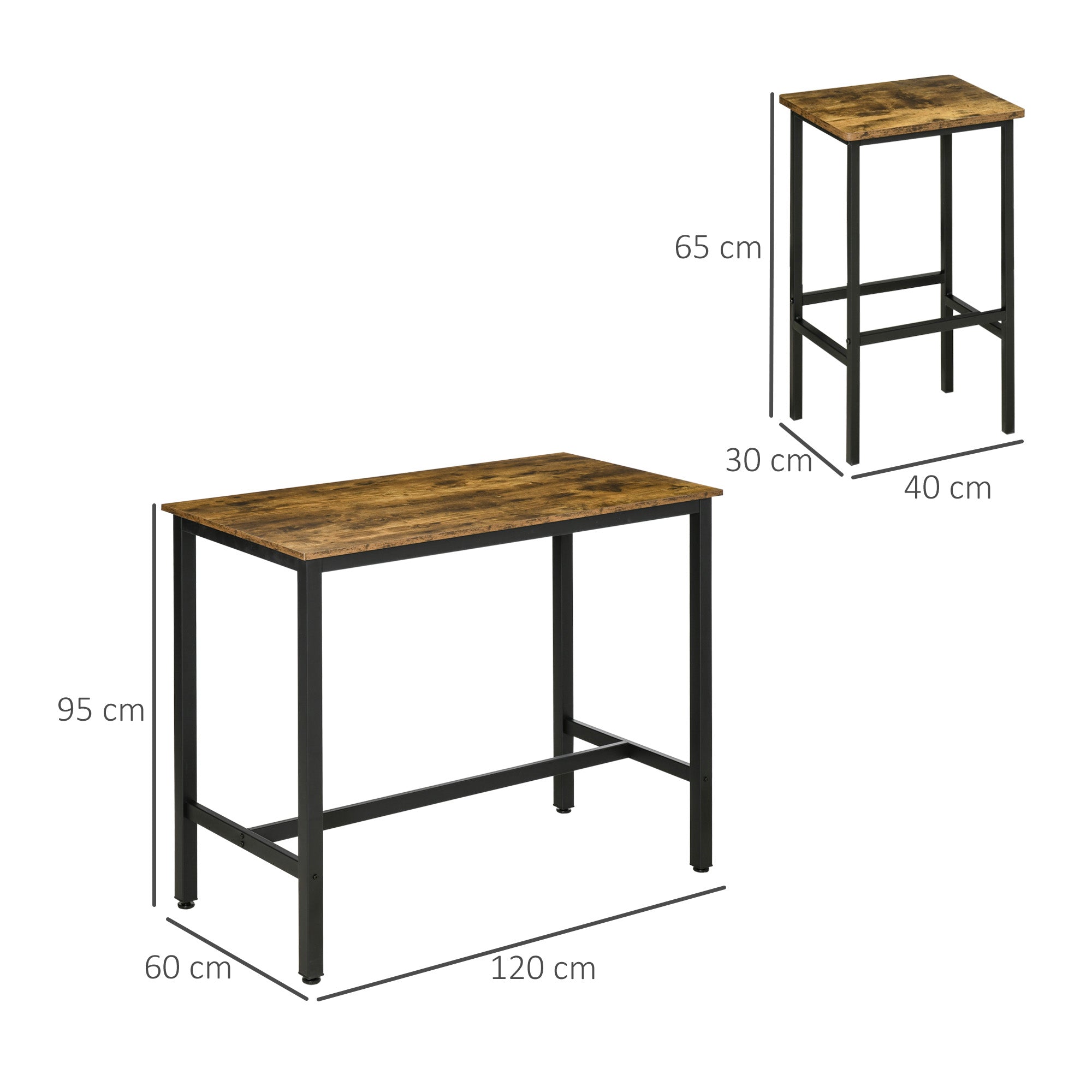 Industrial Bar Table Set, Breakfast Table with 2 Stools, 3-Piece Counter Height Dining Table & Chairs for Kitchen, Living Room, Rustic Brown