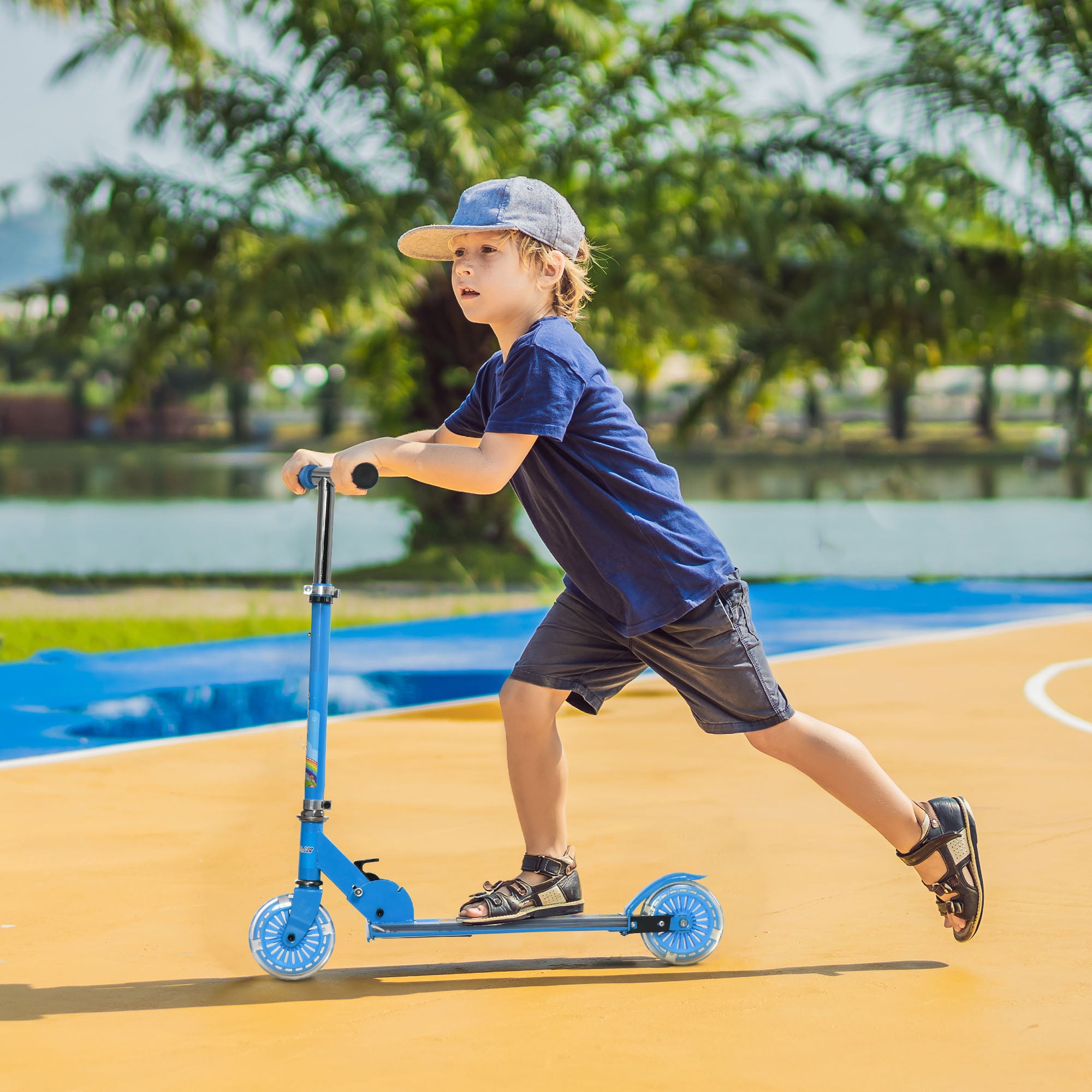 Kids Scooter, with Lights, Music, Adjustable Height, Foldable Frame, for Ages 3-7 Years - Blue