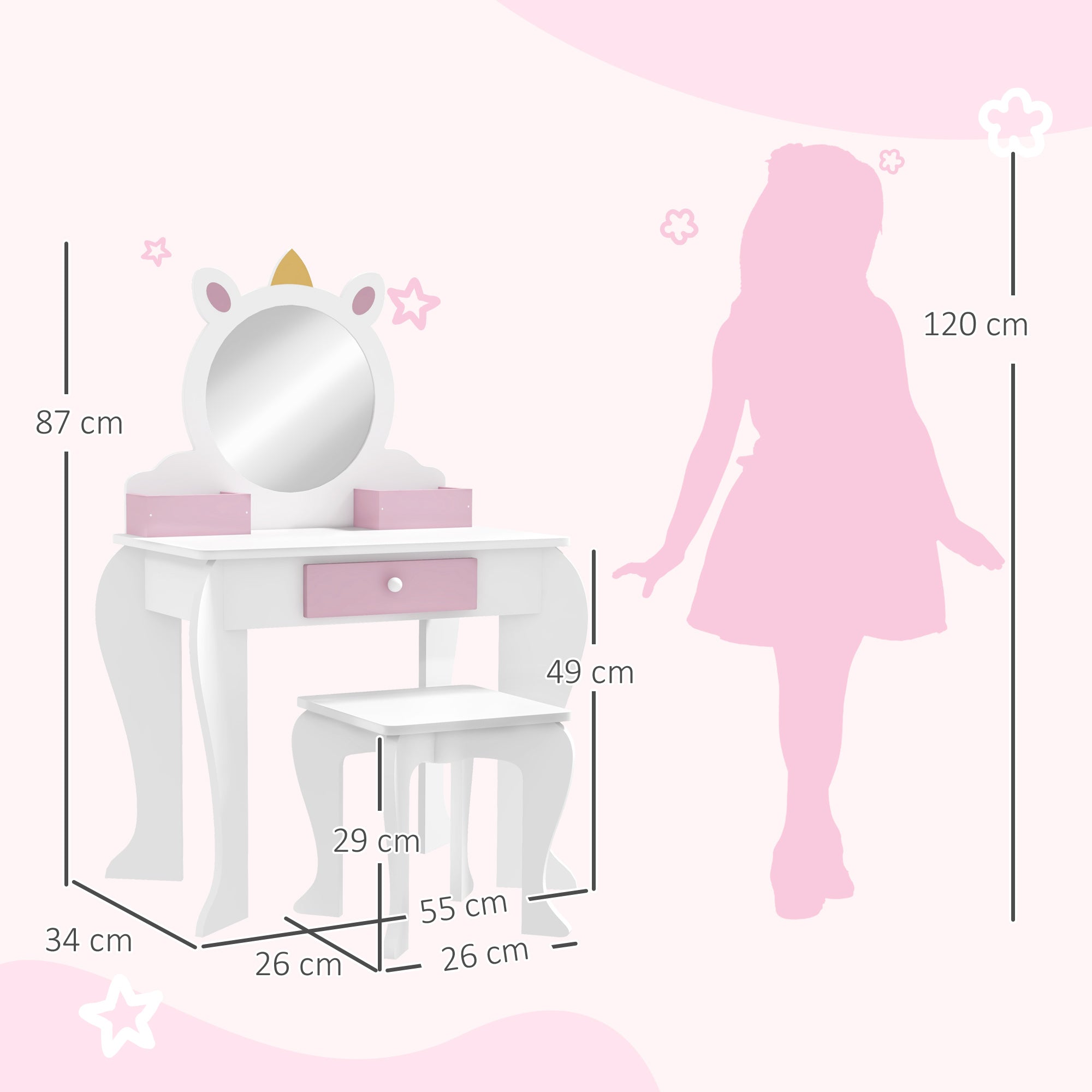 Unicorn-Design Kids Dressing Table, with Mirror and Stool - White