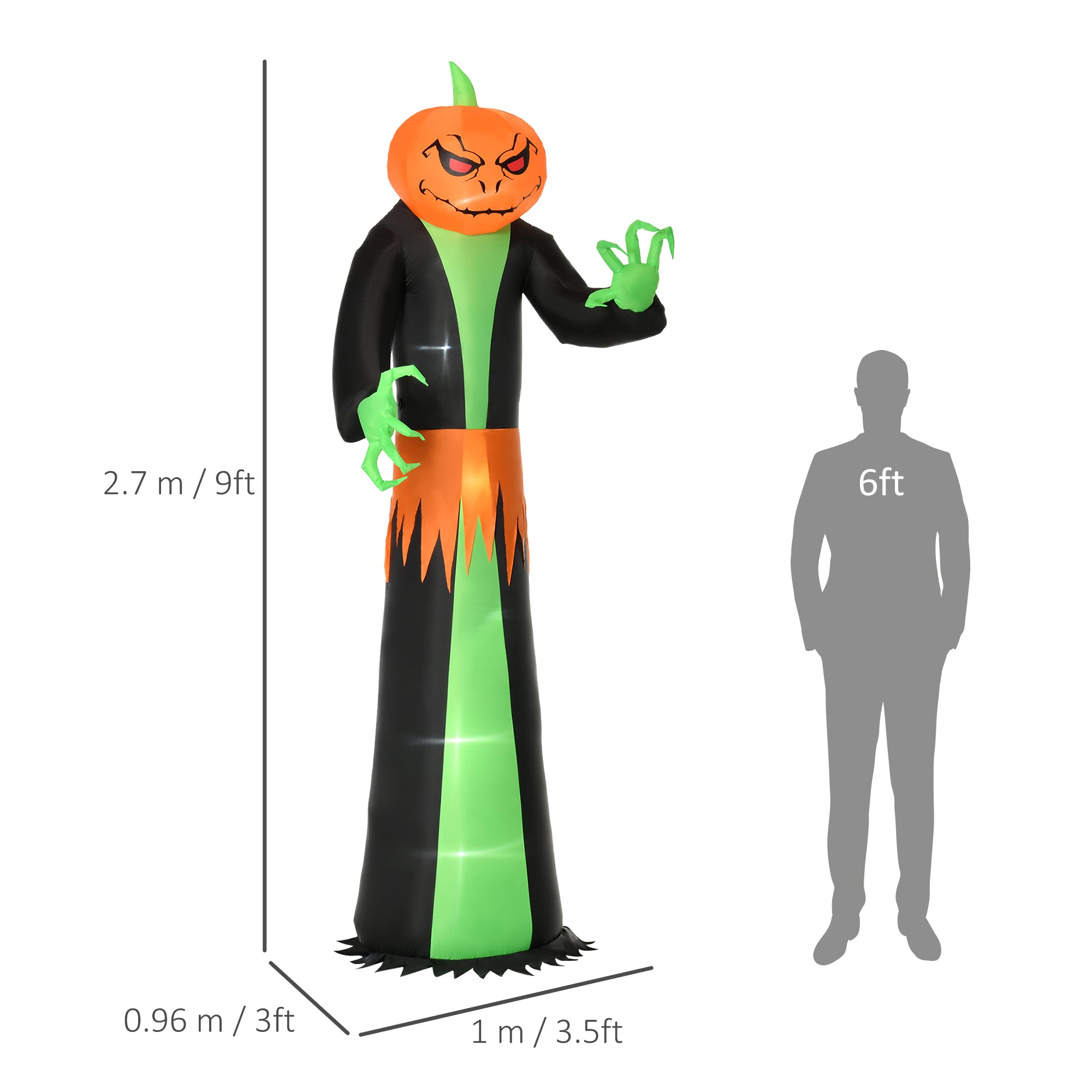 9FT Inflatable Halloween Pumpkin Ghost with Built-in LED Lights - Orange Green Black