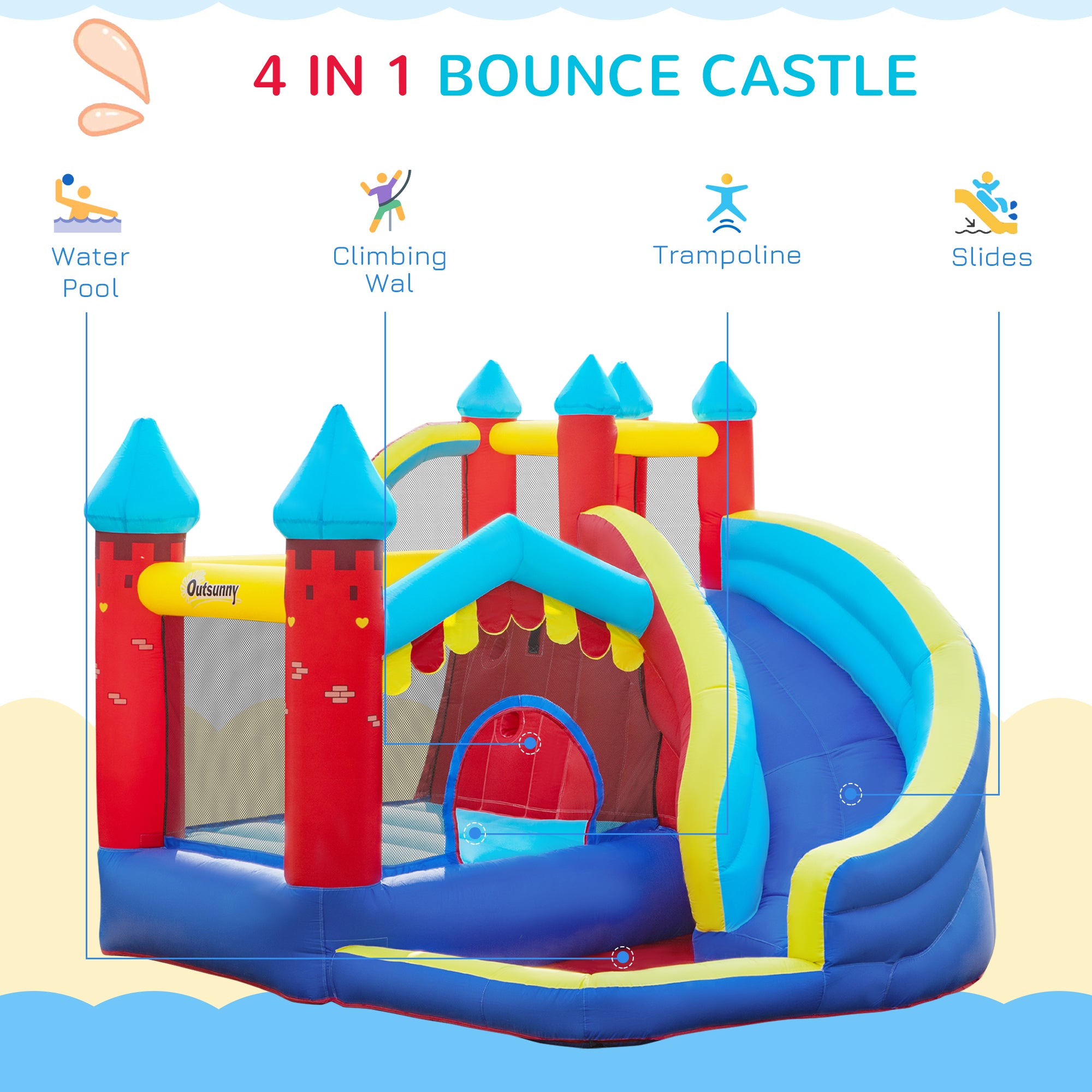 4 in 1 Kids Bounce Castle Large Inflatable House Trampoline Slide Water Pool Climbing Wall for Kids Age 3-8, 2.9 x 2.7 x 2.3m