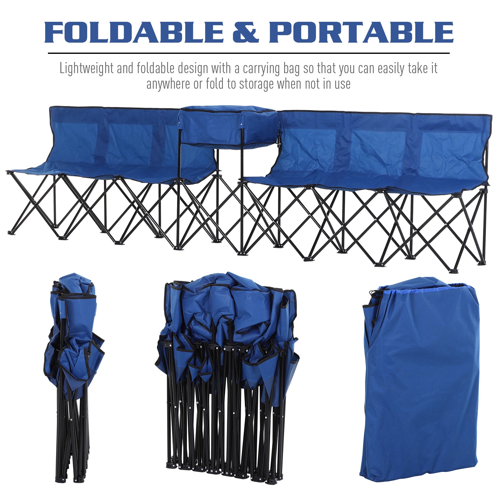 6 Seater Folding Steel Camping Bench with Cooler Bag Blue