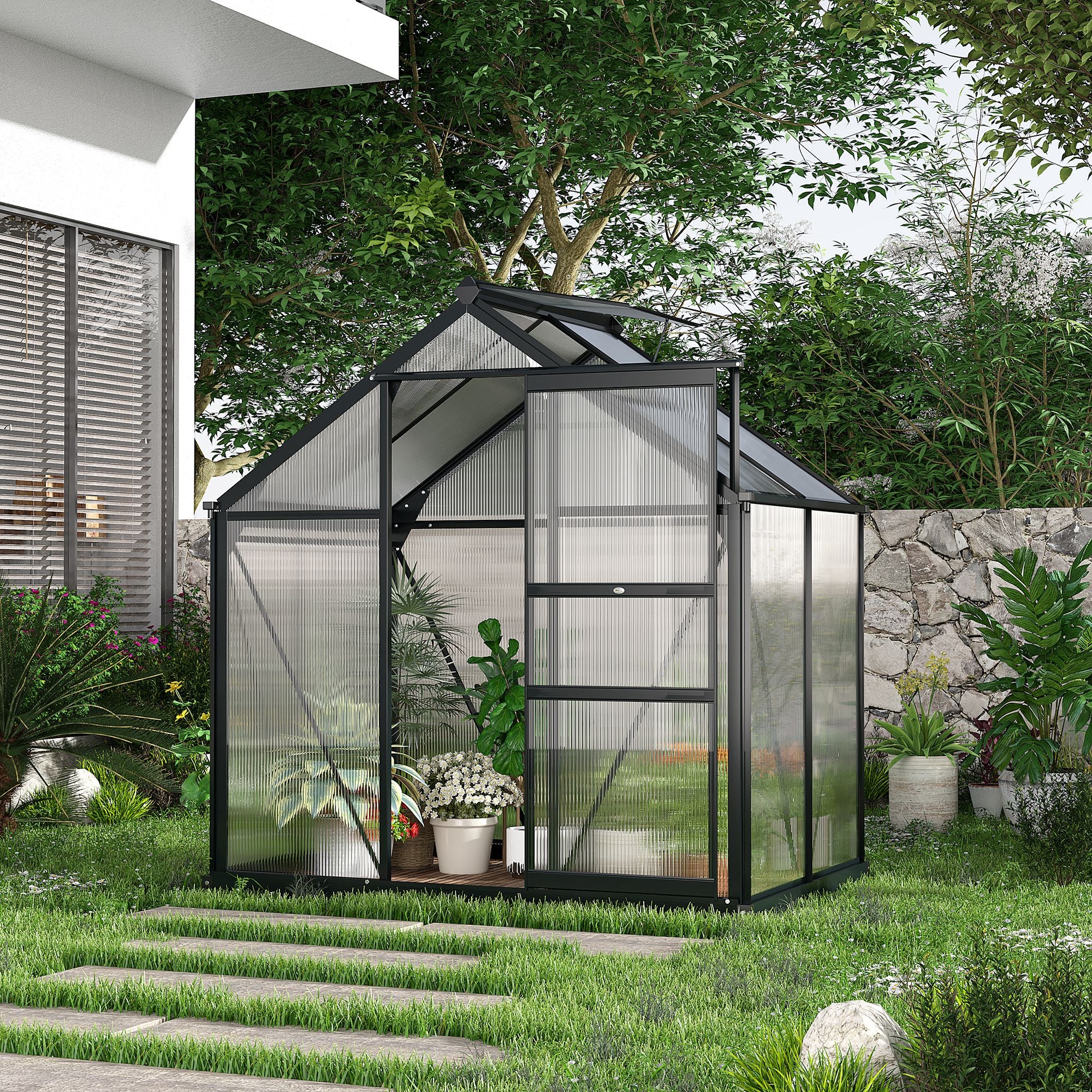 Clear Polycarbonate Greenhouse Large Walk-In Green House Garden Plants Grow Galvanized Base Aluminium Frame with Slide Door, 6 x 4ft