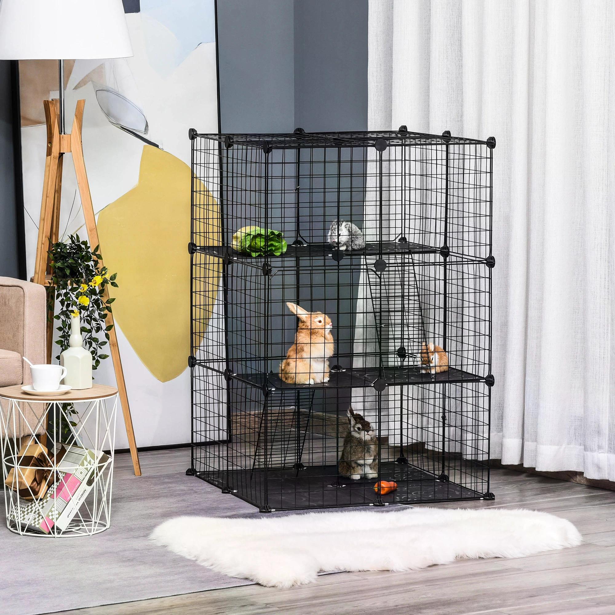 Pet Playpen DIY Small Animal Cage Enclosure Metal Wire Fence 39 Panels with 3 Doors 2 Ramps for Kitten Bunny Chinchilla Pet Mink Black by PawHut