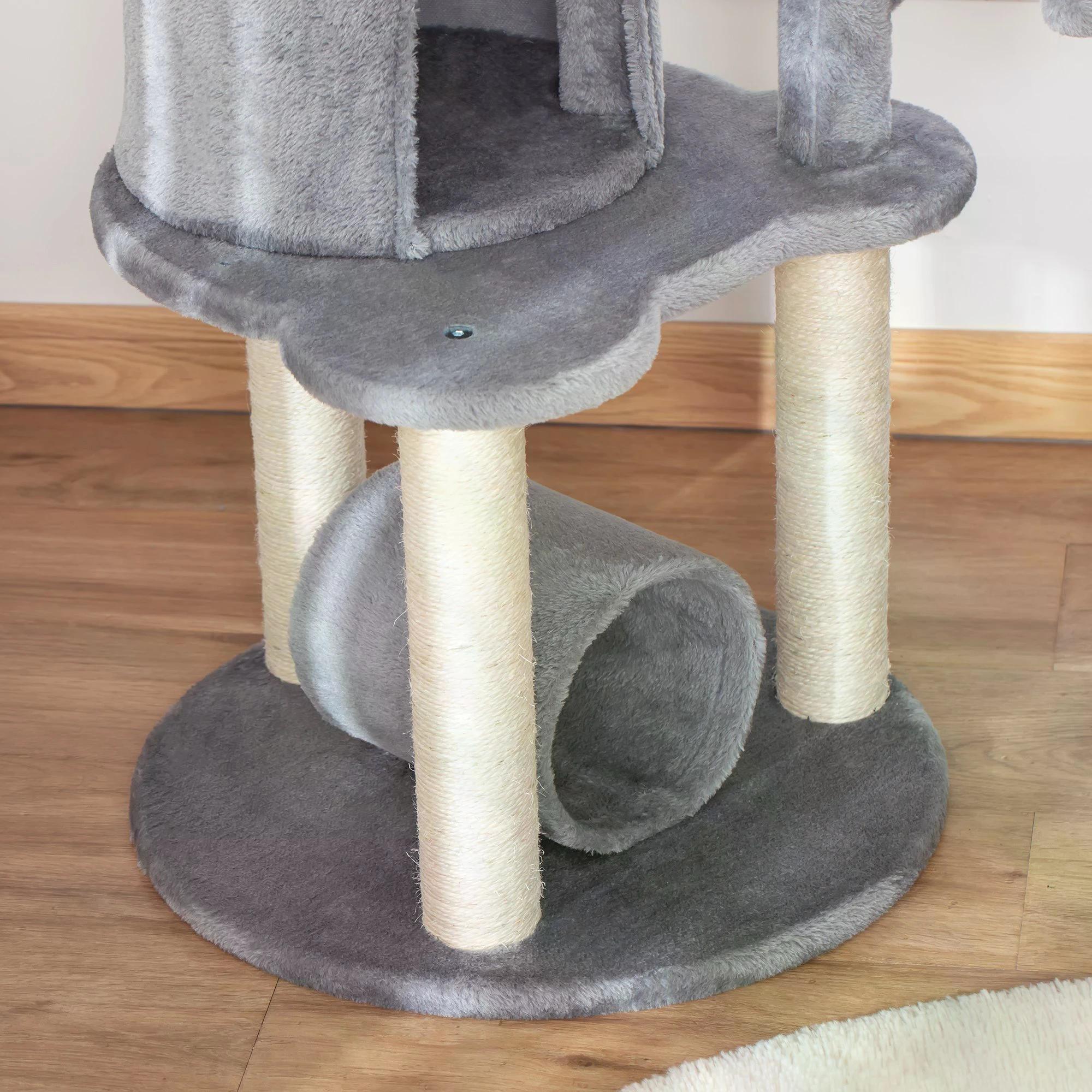 Cat Tree Tower Climbing Activity Center Kitten Furniture with Jute Scratching Post Bed Tunnel Perch Hanging Balls Grey