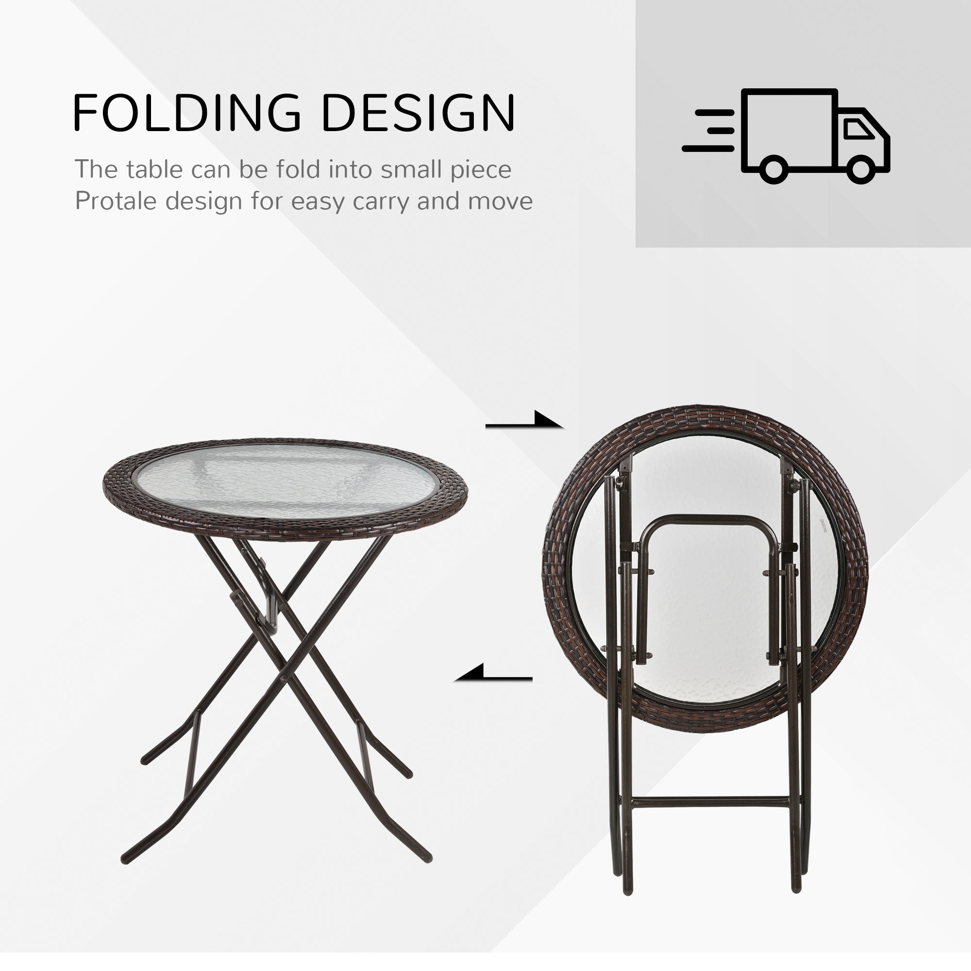 Folding Round Tempered Glass Metal Table with Brown Rattan Edging