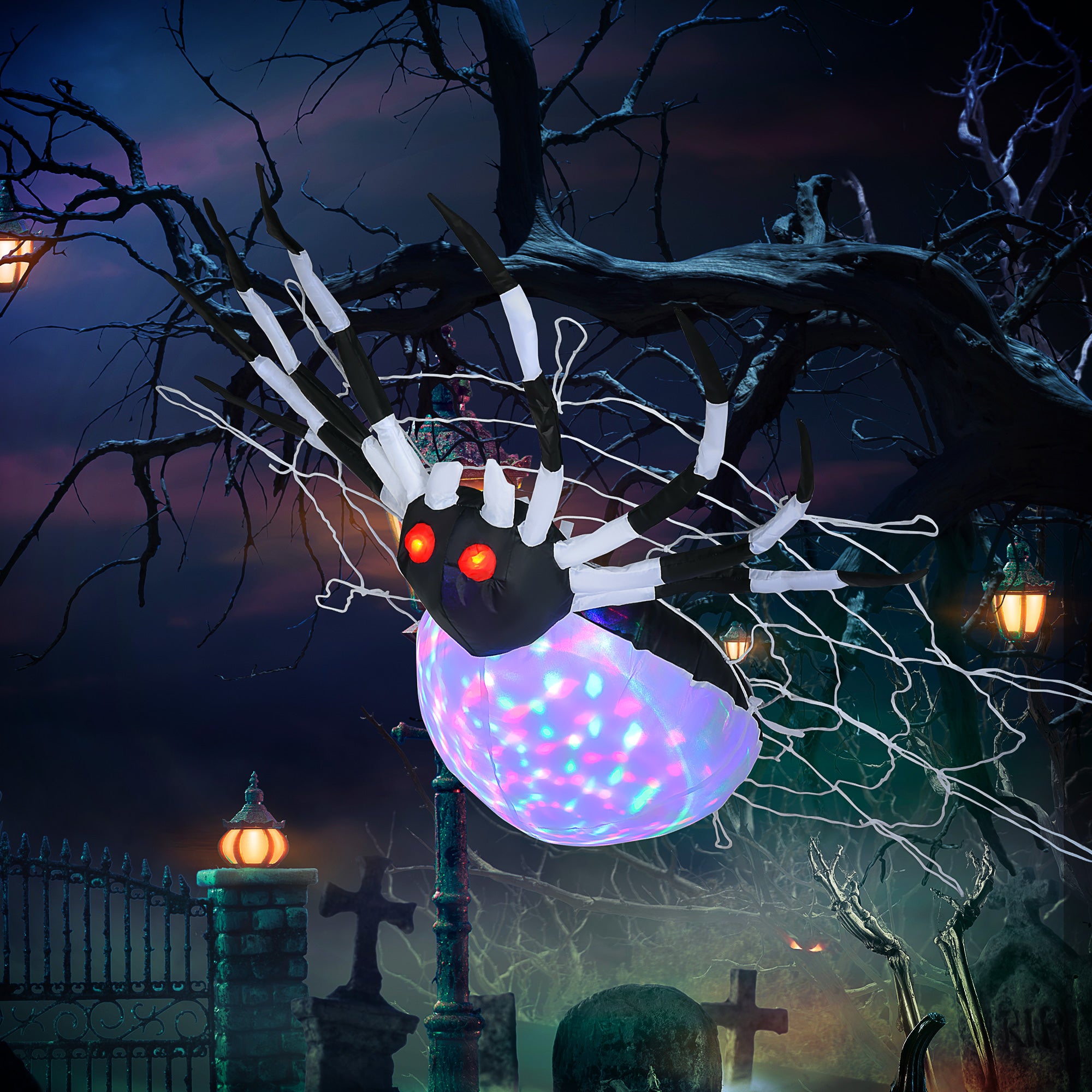5FT Halloween Inflatable Hanging Spider with Colourful LED Lights - White