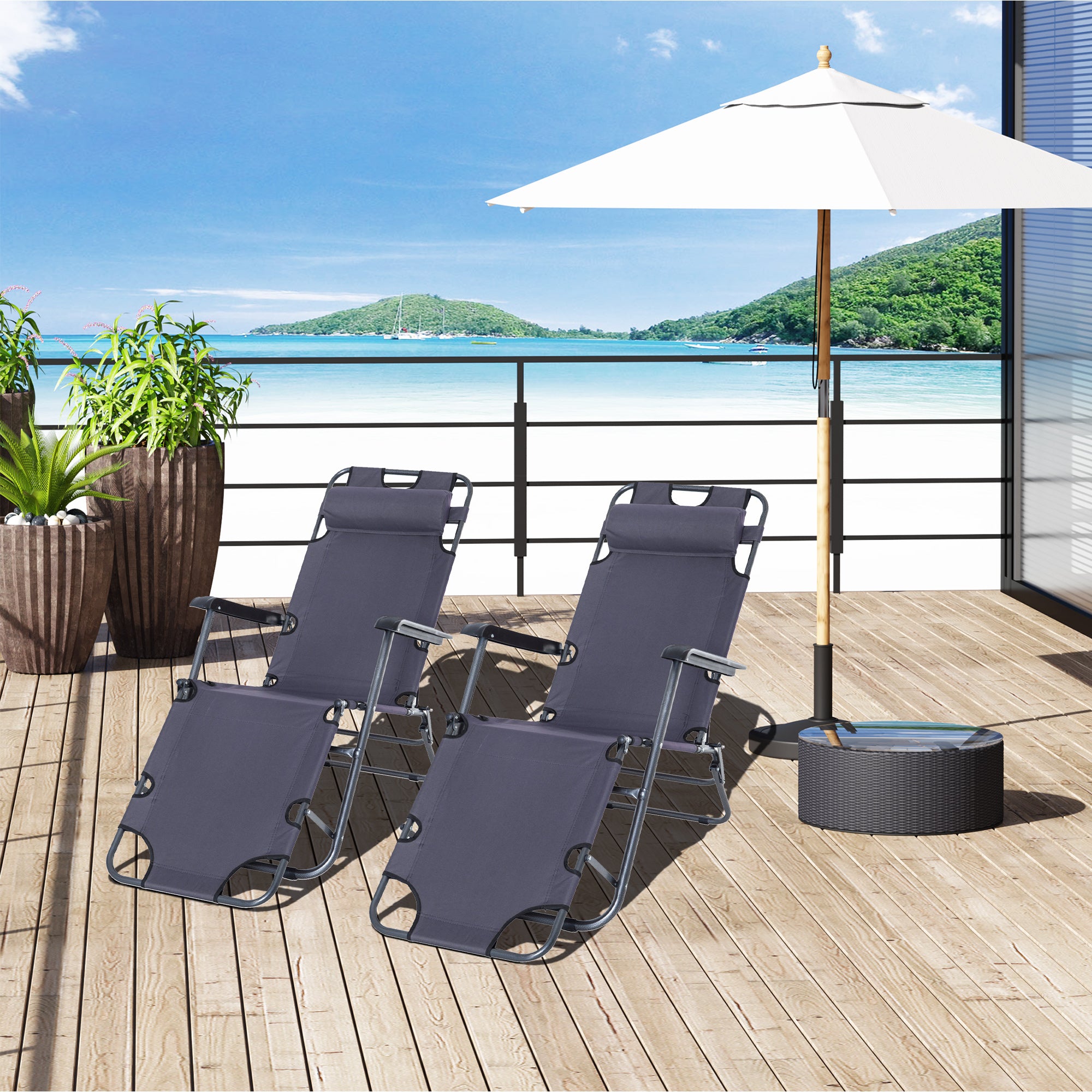 2 Pieces Foldable Sun Loungers with Adjustable Back, Outdoor Reclining Garden Chairs with Pillow and Armrests, Grey