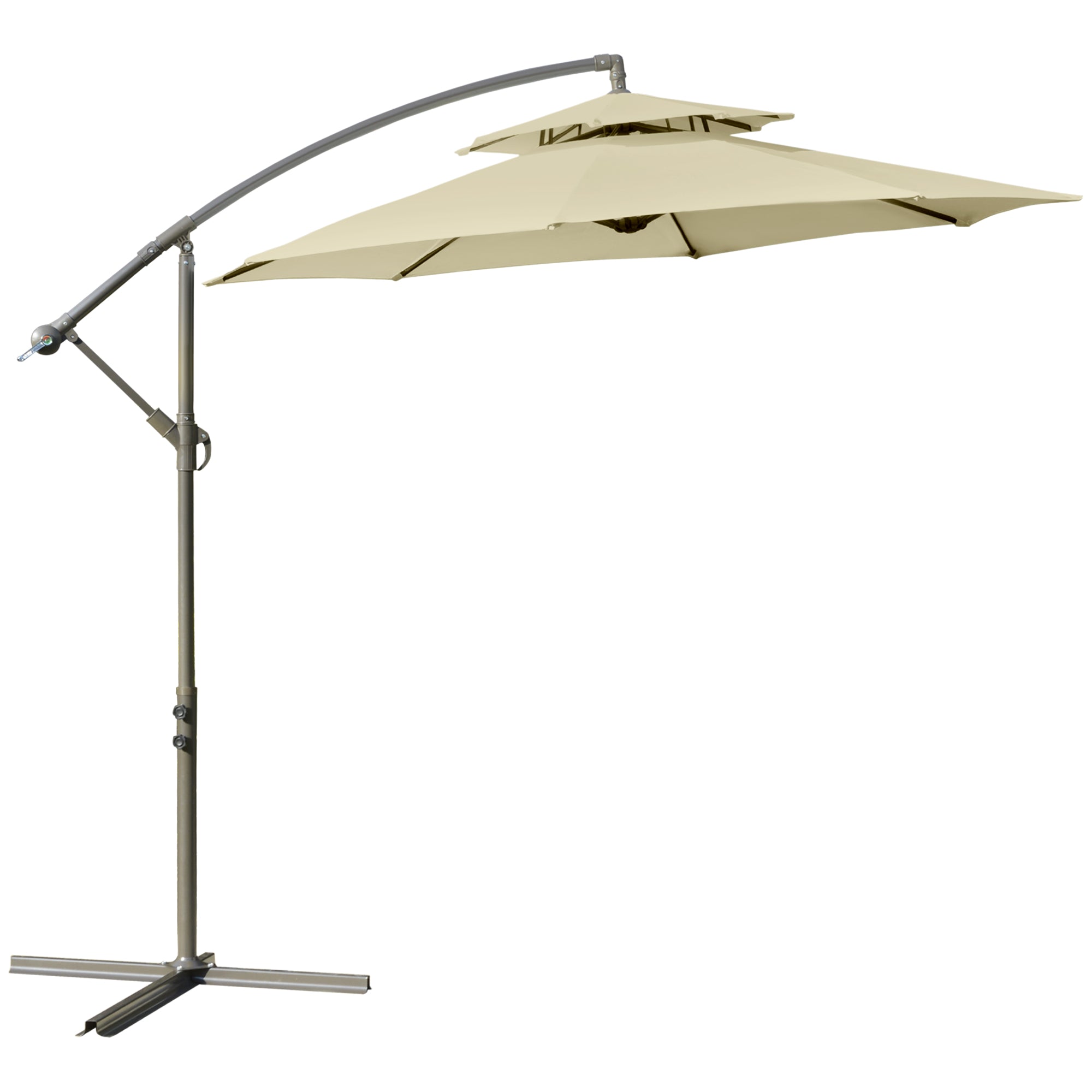 2.7m Garden Banana Parasol Cantilever Umbrella with Crank Handle, Double Tier Canopy and Cross Base for Outdoor, Hanging Sun Shade, Beige