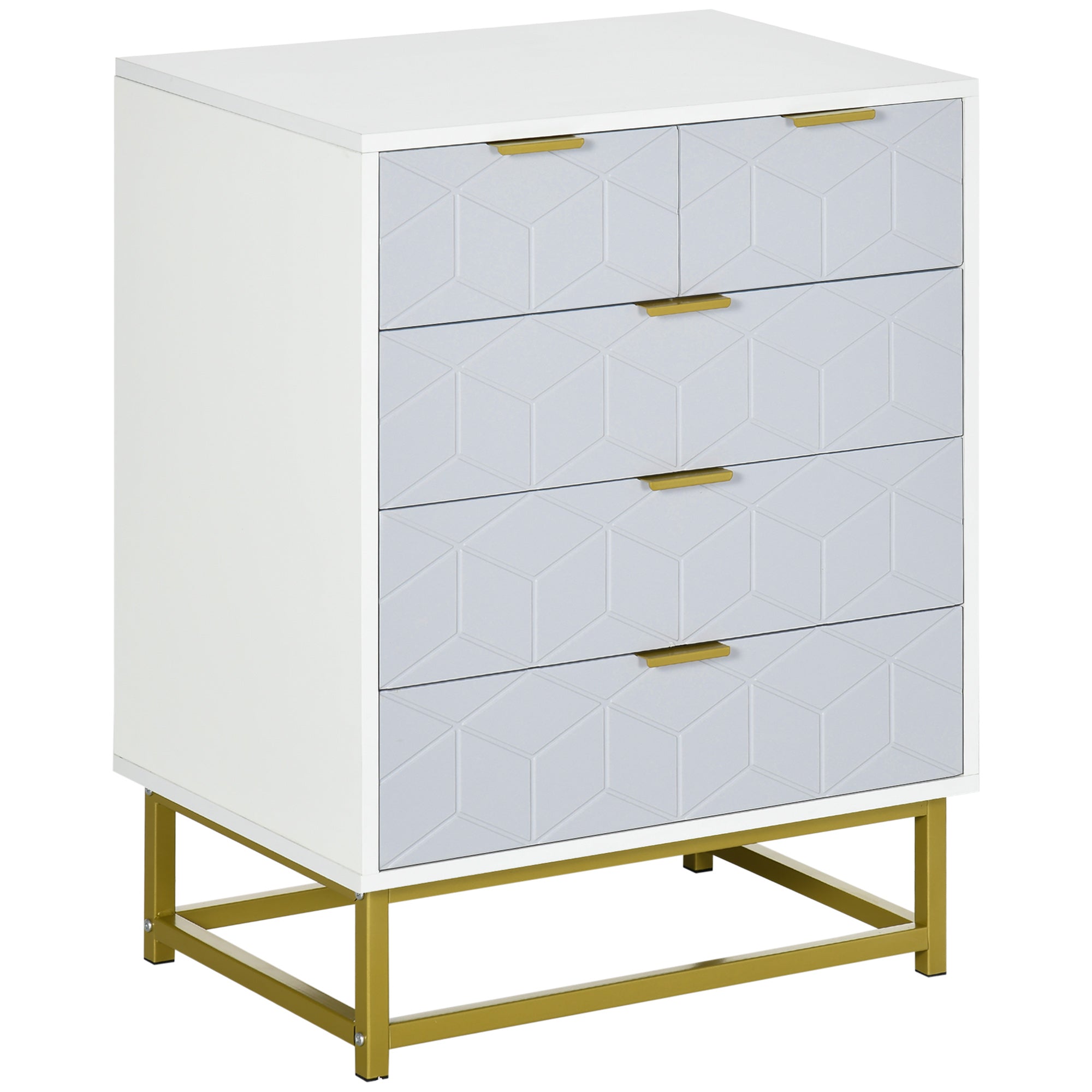 Modern Chest of Drawers, 5-Drawer Storage Organizer Unit with Golden Effect Steel Base for Bedroom, Living Room, Natural, White
