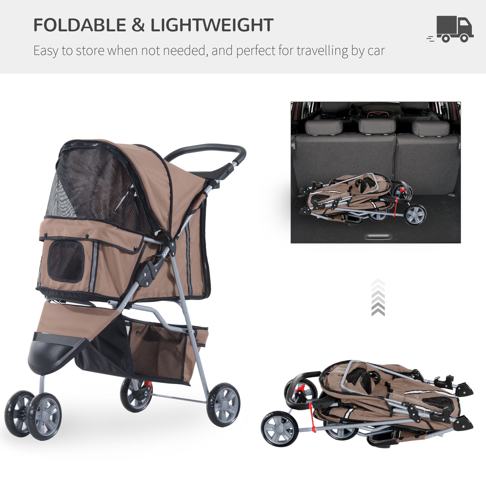 Dog Stroller with Cover for Small Miniature Dogs, Folding Cat Pram Dog Pushchair with Cup Holder, Storage Basket, Reflective Strips, Brown