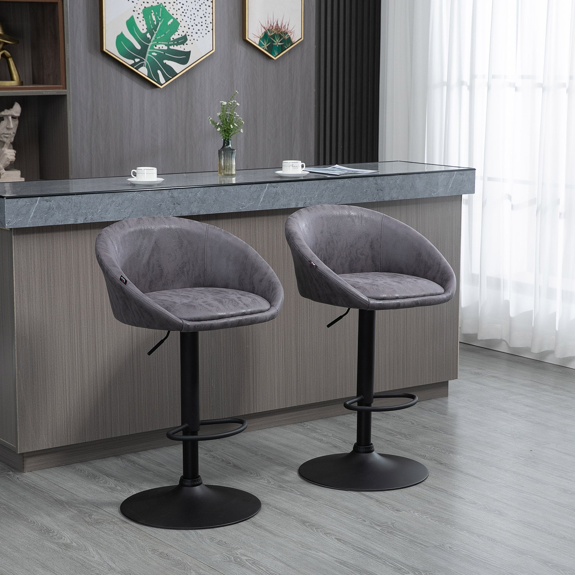 Modern Adjustable Bar Stools Set of 2, Swivel PU Leather Breakfast Barstools with PU Leather Footrest, Armrests and Back Dark Brown