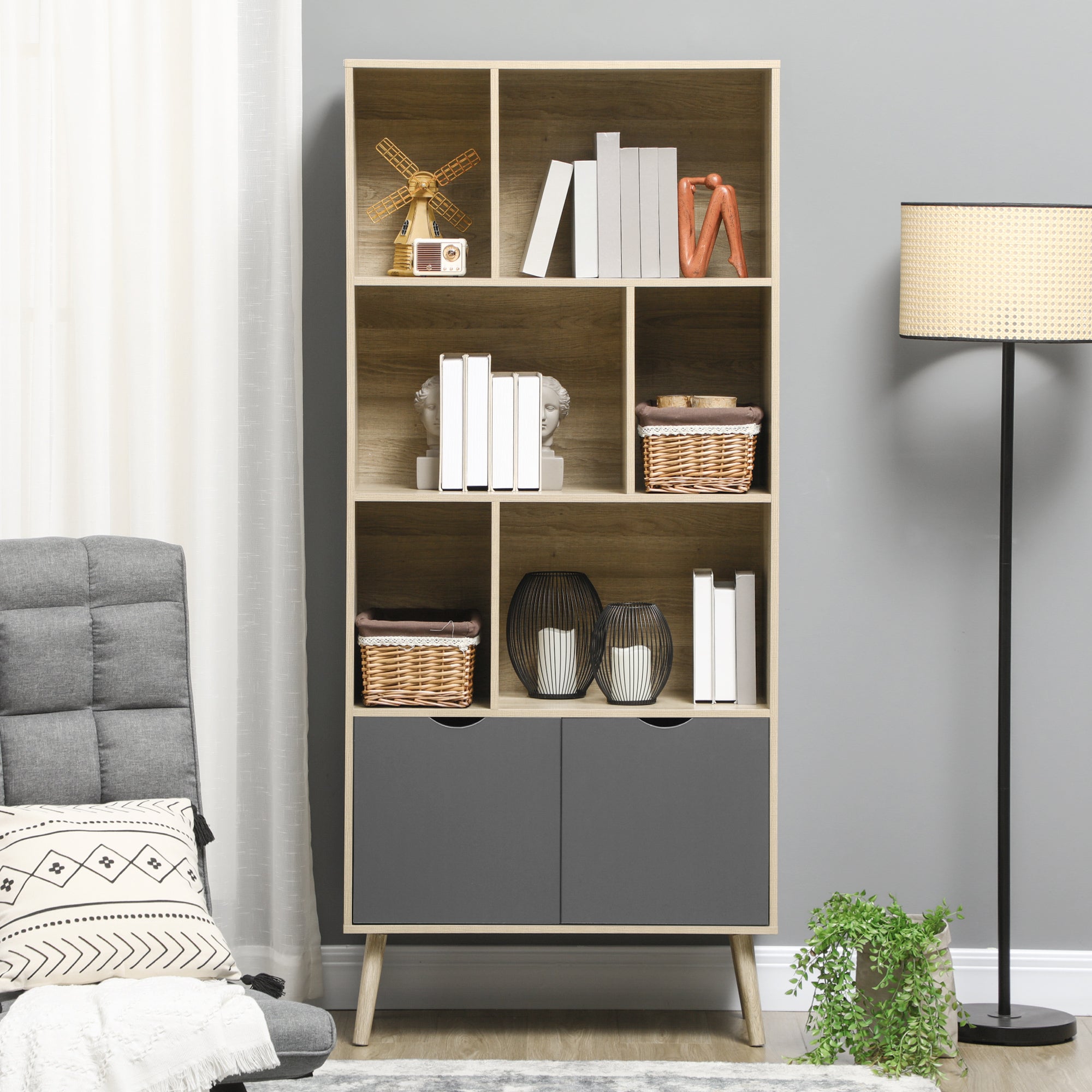 Modern Bookcase with Bottom Cabinet and 6 Open Shelves, Freestanding Bookshelf for Study Living Room Home Office, Natural and Dark Grey