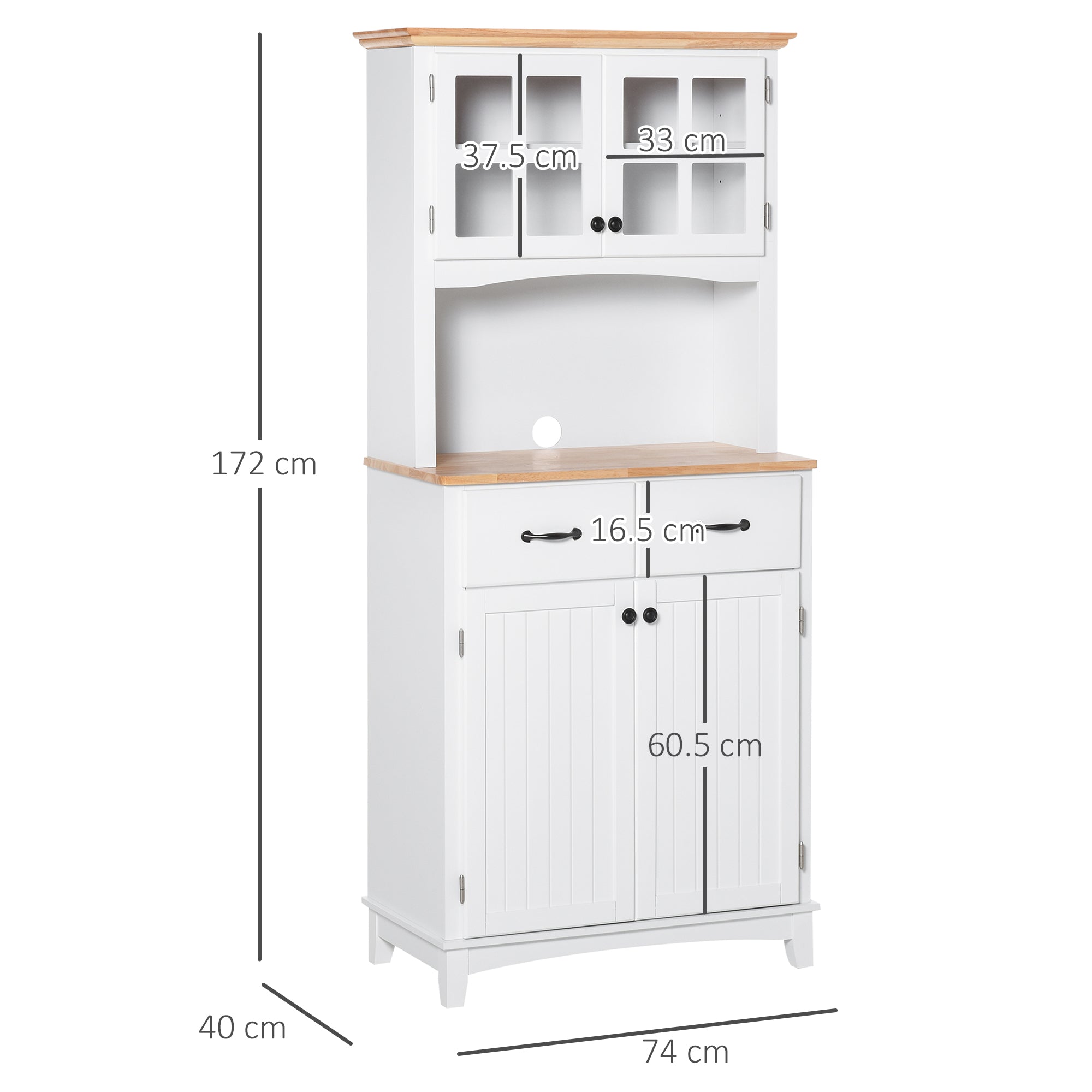 Freestanding Kitchen Cupboard, Kitchen Storage Cabinet with Framed Glass Doors, 2 Drawers, Microwave Counter, White