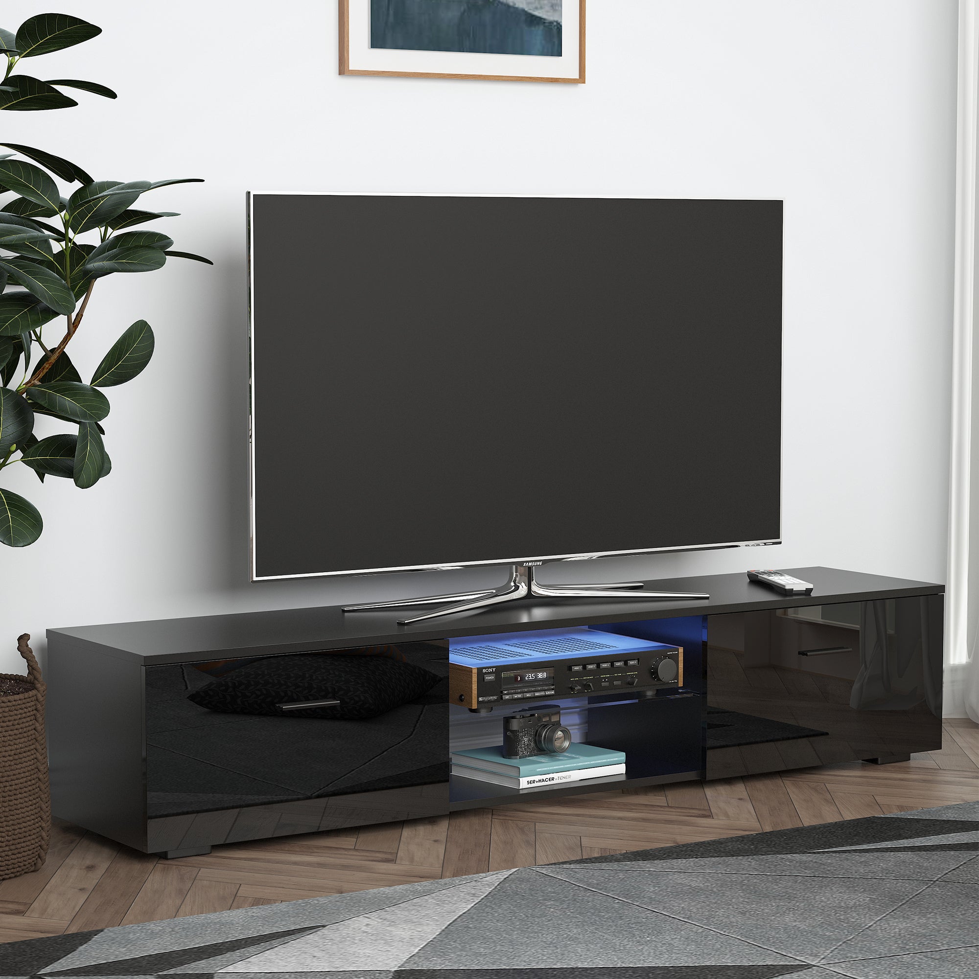 TV Stand Cabinet with High Gloss Front Door, LED RGB Lights and Remote Control for TVs up to 55", Media TV Console Table with Storage Cupboard