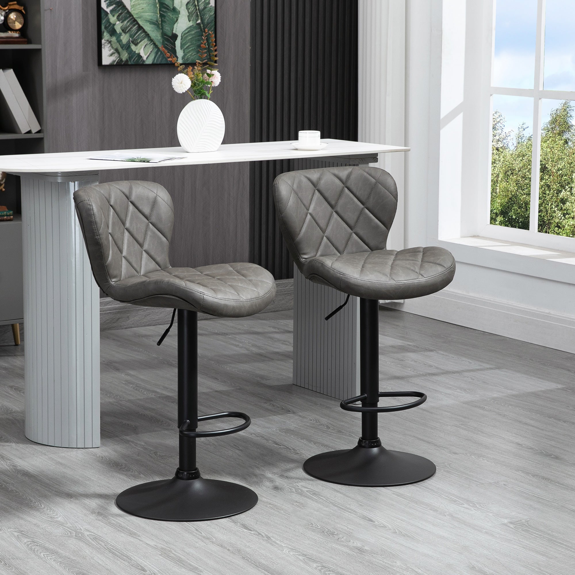 Adjustable Height Bar Stools Set of 2, Swivel Barstools with Backrest and Footrest, Steel Frame Diamond Pattern PU, Kitchen Dining, Dark Grey