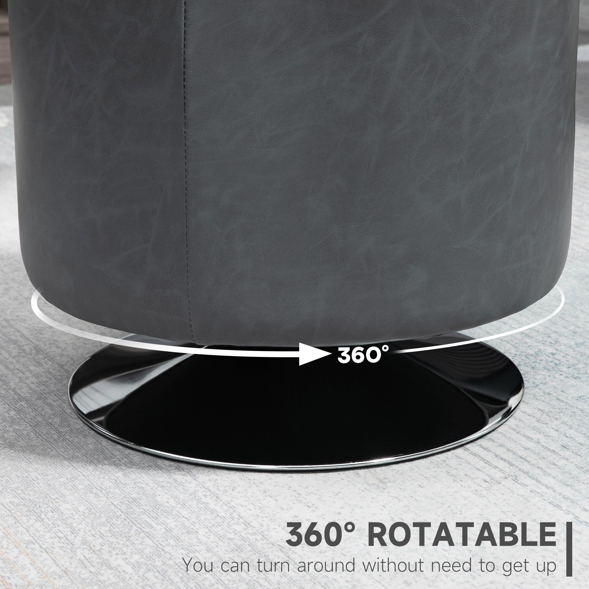 360° Swivel Foot Stool Round PU Ottoman with Thick Sponge Padding and Solid Steel Base, Grey