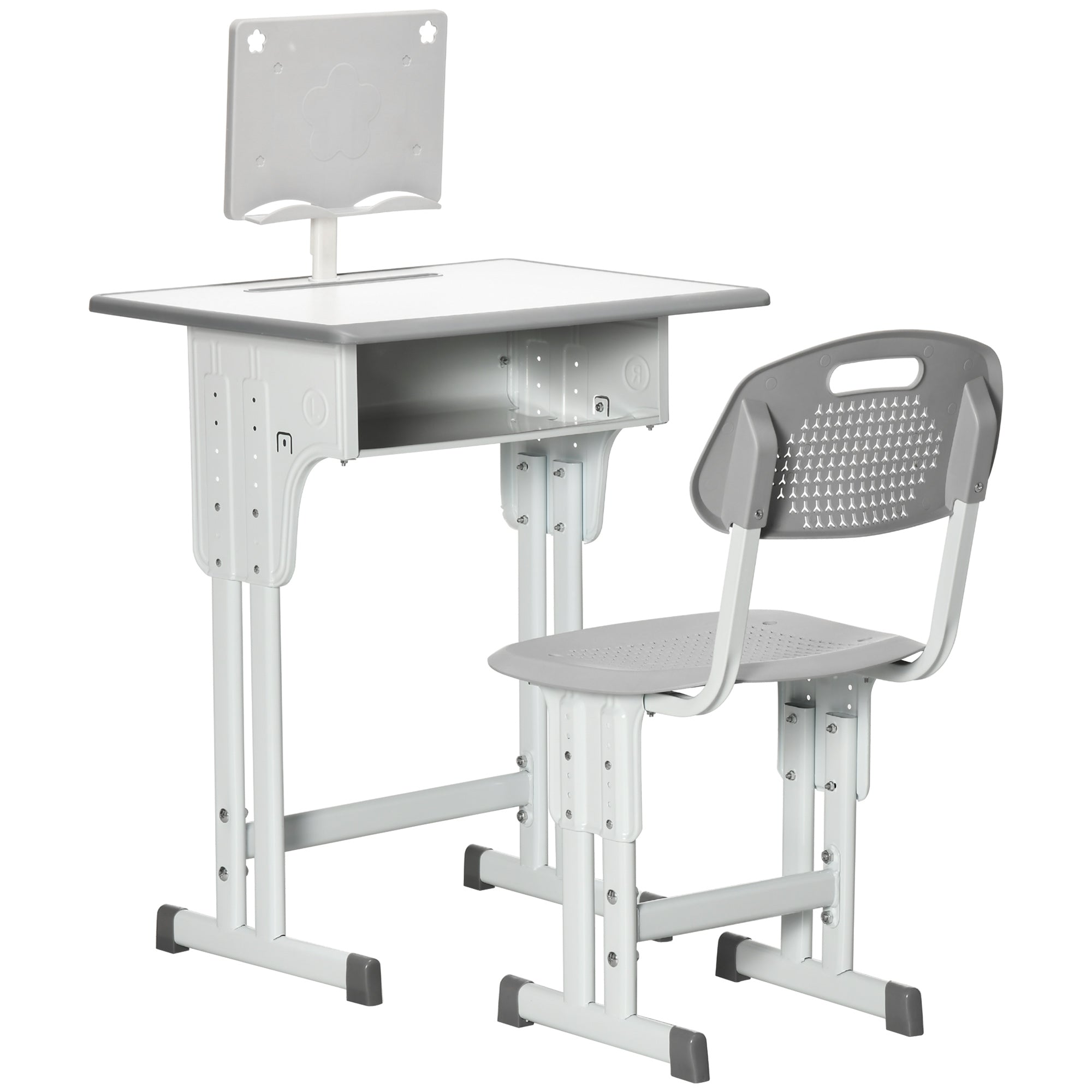 Kids Desk and Chair Set, Height Adjustable Study Table Set with Storage Drawer, Book Stand, Cup Holder, Pen Slot, Grey