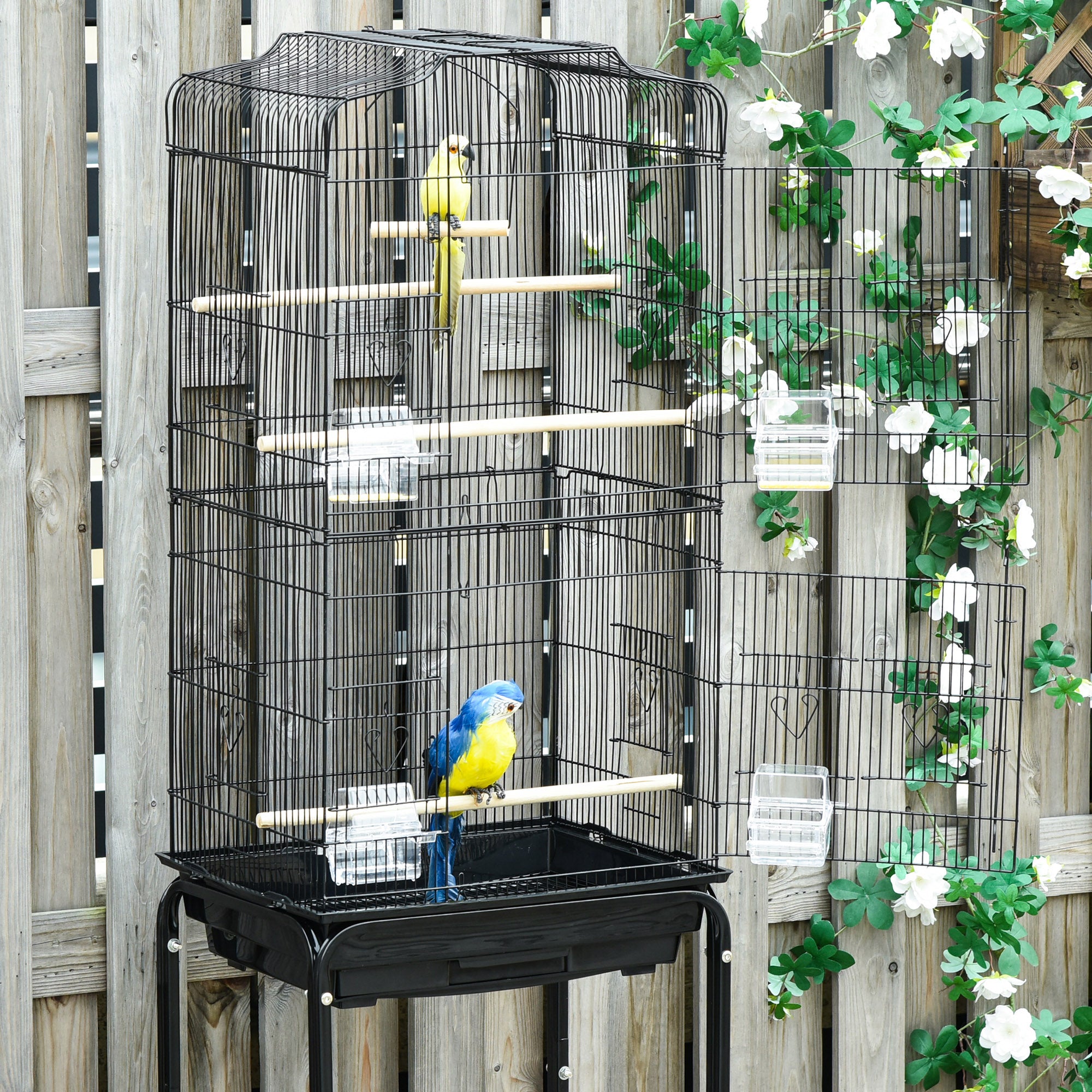 Bird Cage Budgie Cages for Finch Canary Parakeet with Stand Wheels Slide-out Tray Accessories Storage Shelf, Black 36 x 46.5 x 157 cm